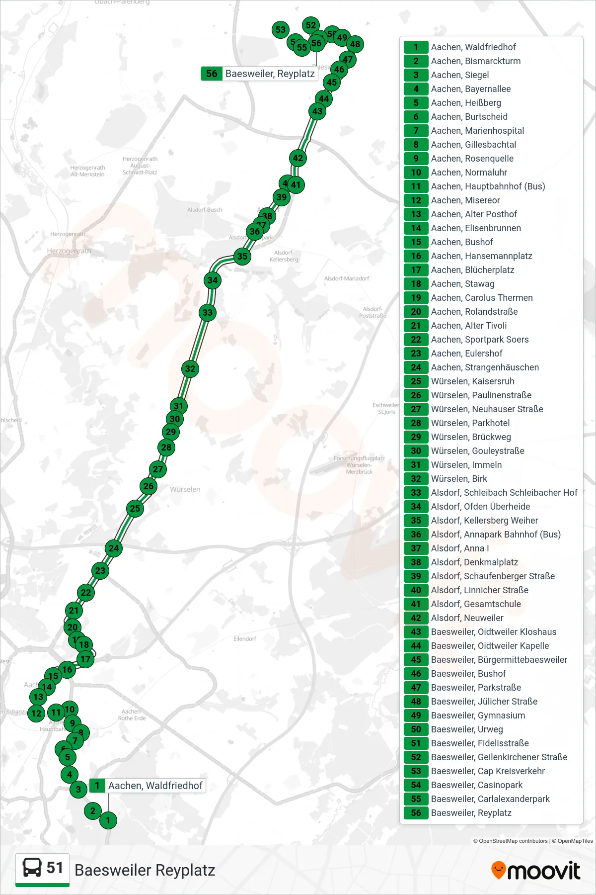 Linie 51 (Bus) Richtung Baesweiler Reyplatz: Route und Haltestellen auf der Karte