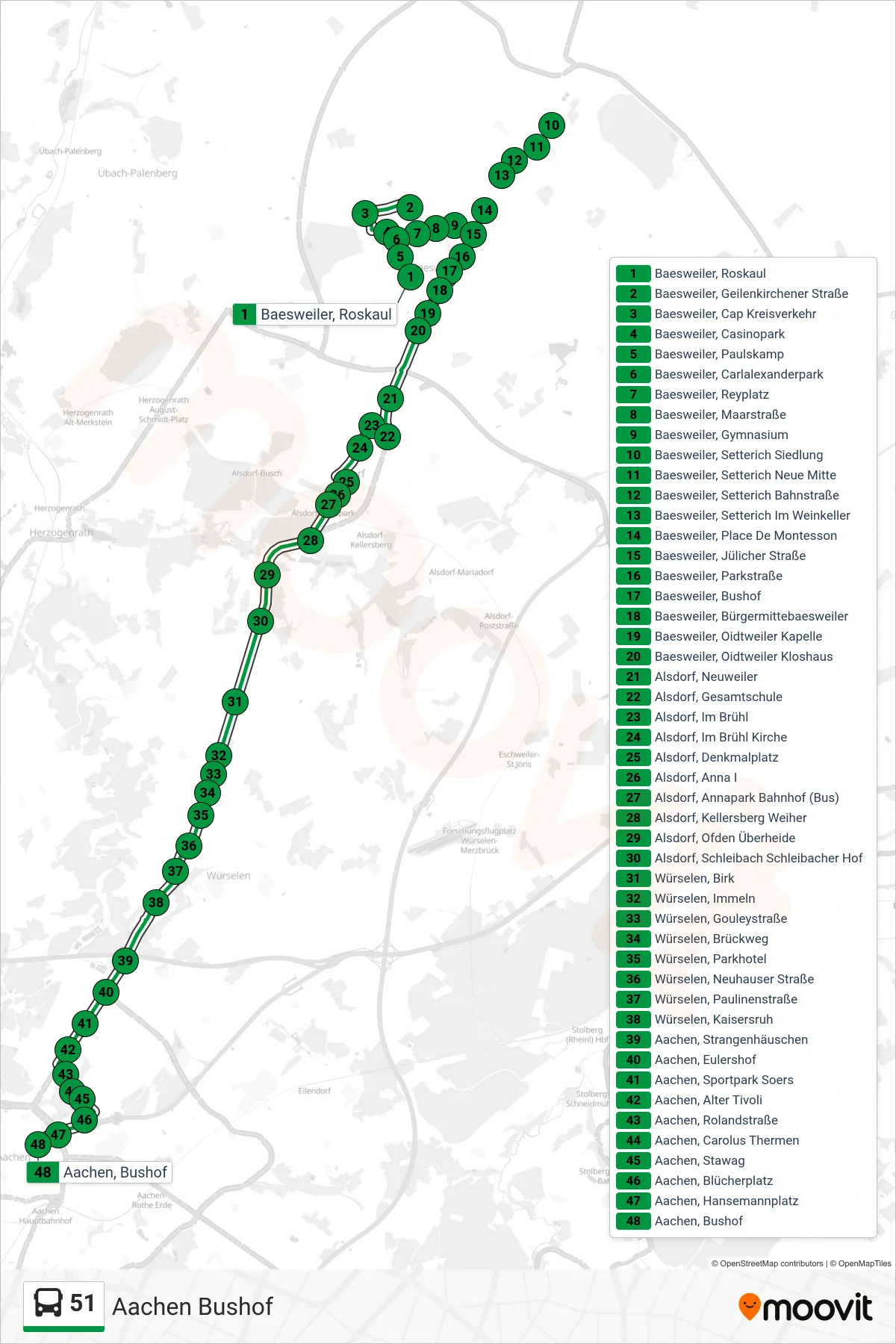 Linie 51 (Bus) Richtung Aachen Bushof: Route und Haltestellen auf der Karte