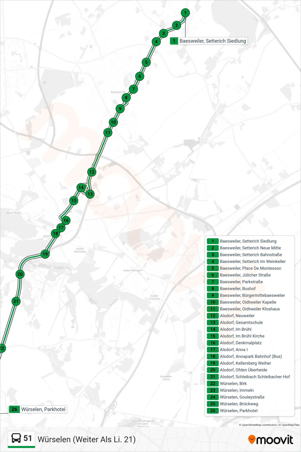 51 bus Line (Würselen (Weiter Als Li. 21)) route and stops on a map