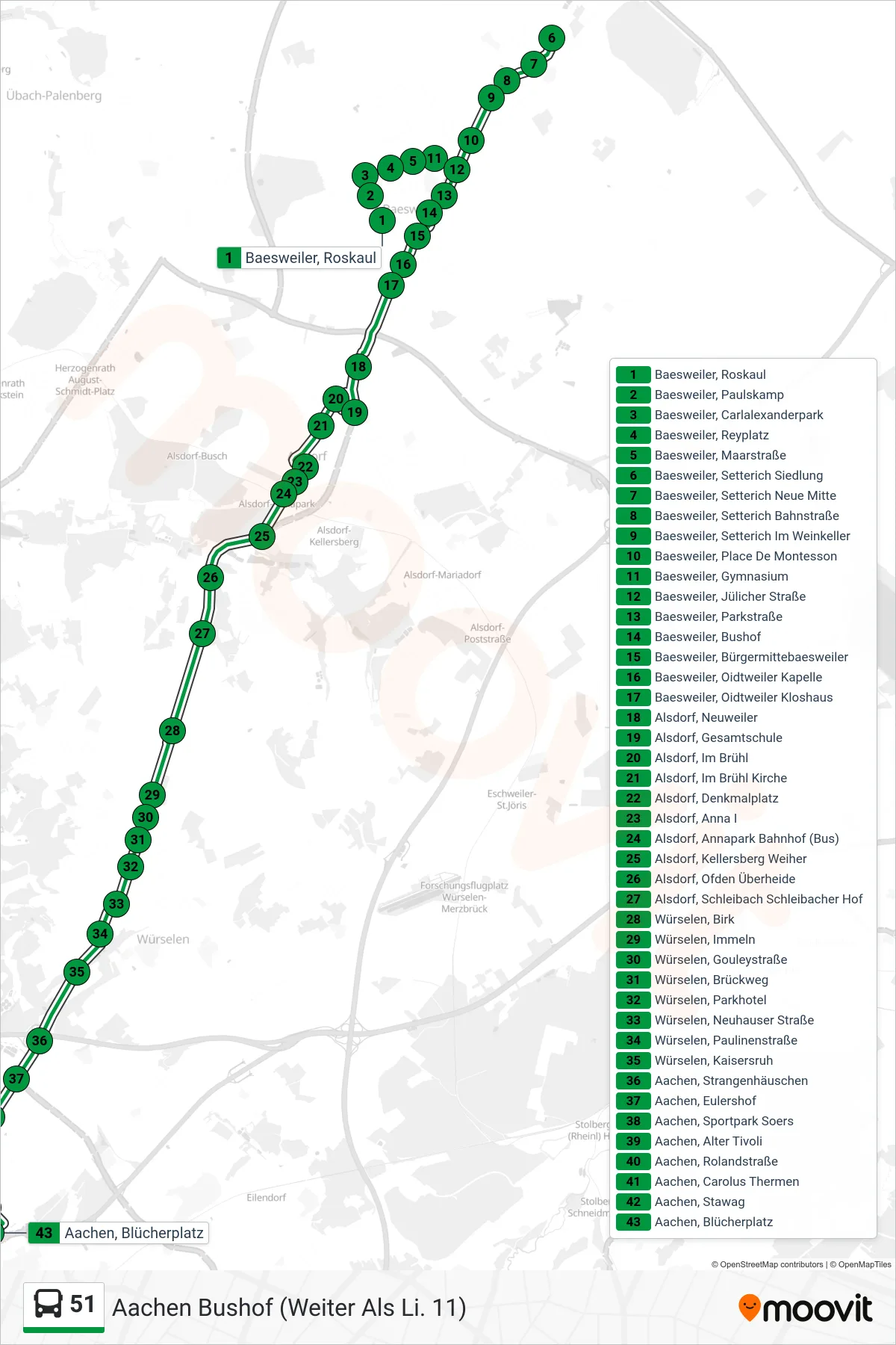 Linie 51 (Bus) Richtung Aachen Bushof (Weiter Als Li. 11): Route und Haltestellen auf der Karte