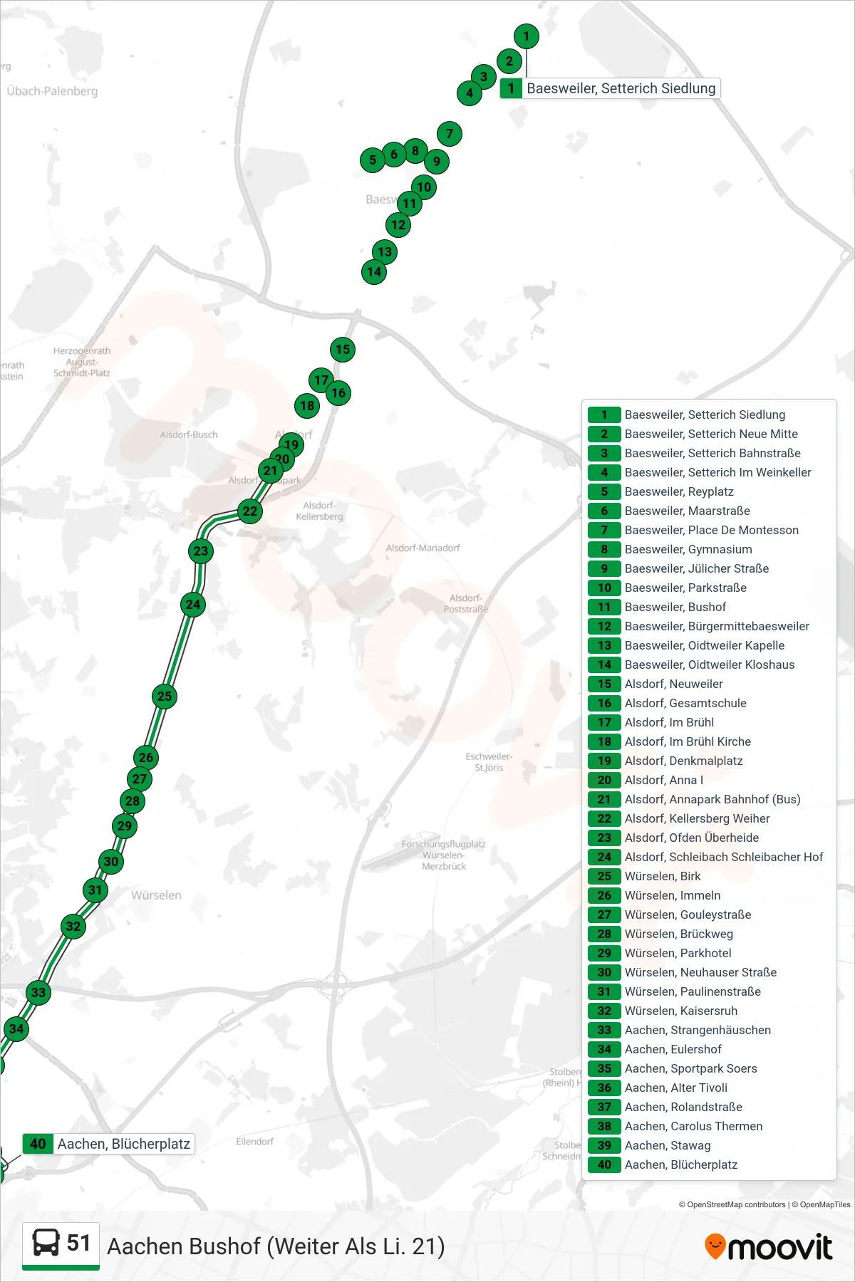 51 bus Line (Aachen Bushof (Weiter Als Li. 21)) route and stops on a map