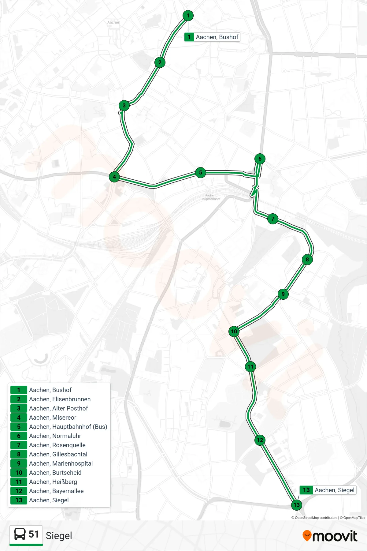 51 bus Line (Siegel) route and stops on a map