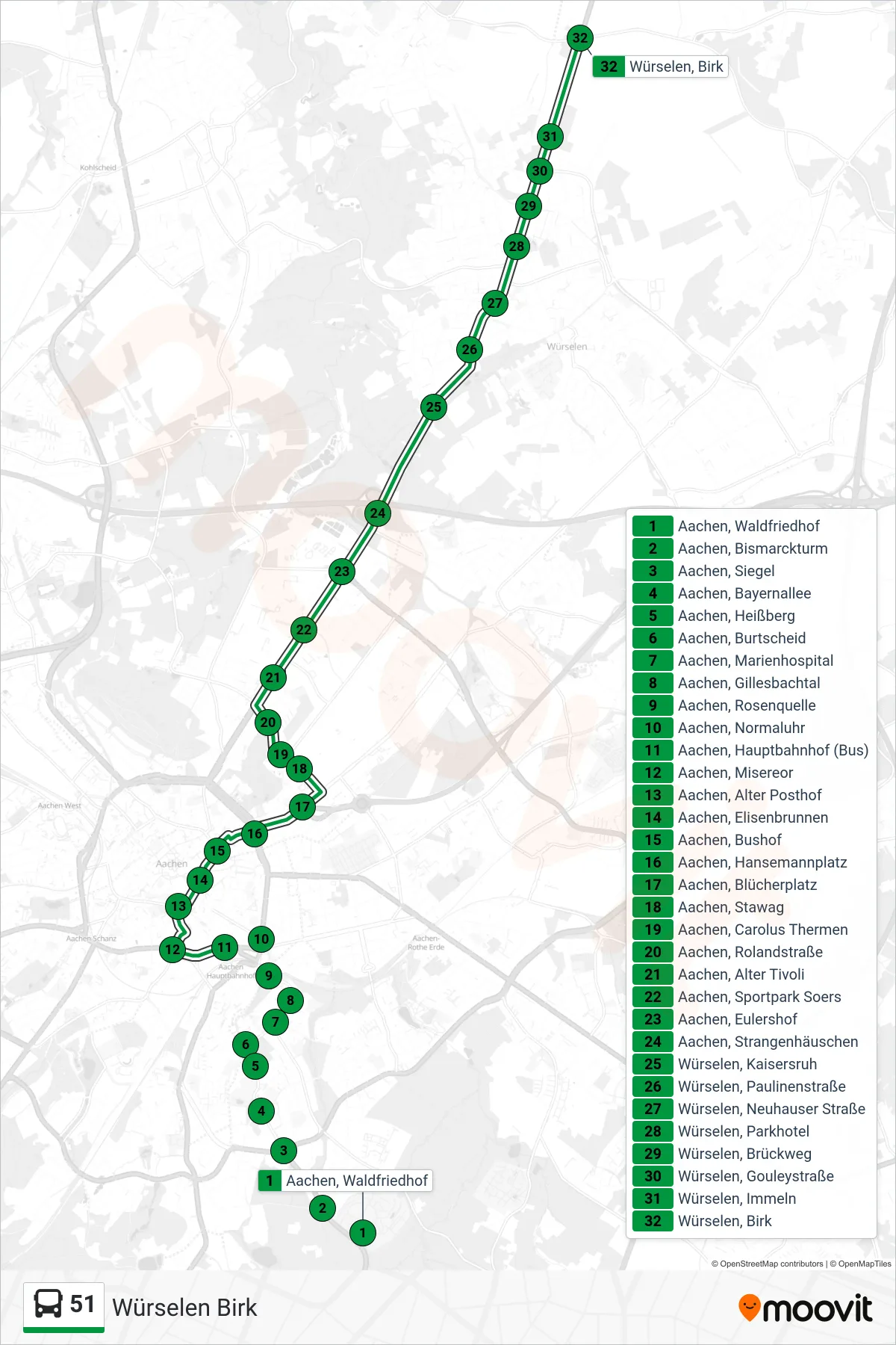51 bus Line (Würselen Birk) route and stops on a map