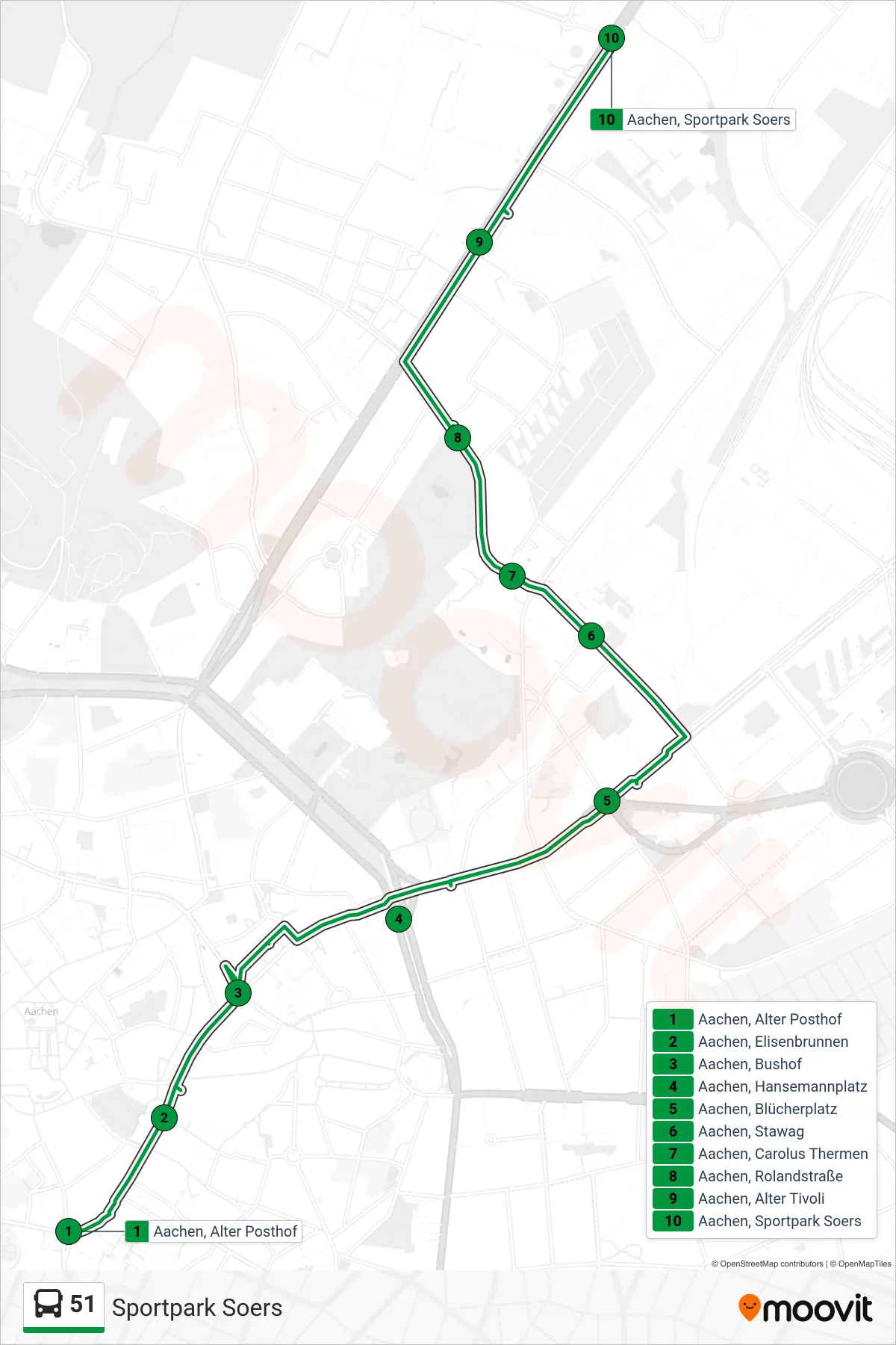 51 bus Line (Sportpark Soers) route and stops on a map