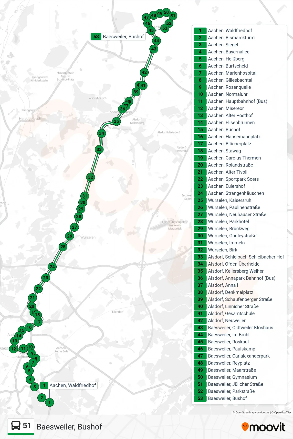 51 bus Line (Baesweiler, Bushof) route and stops on a map