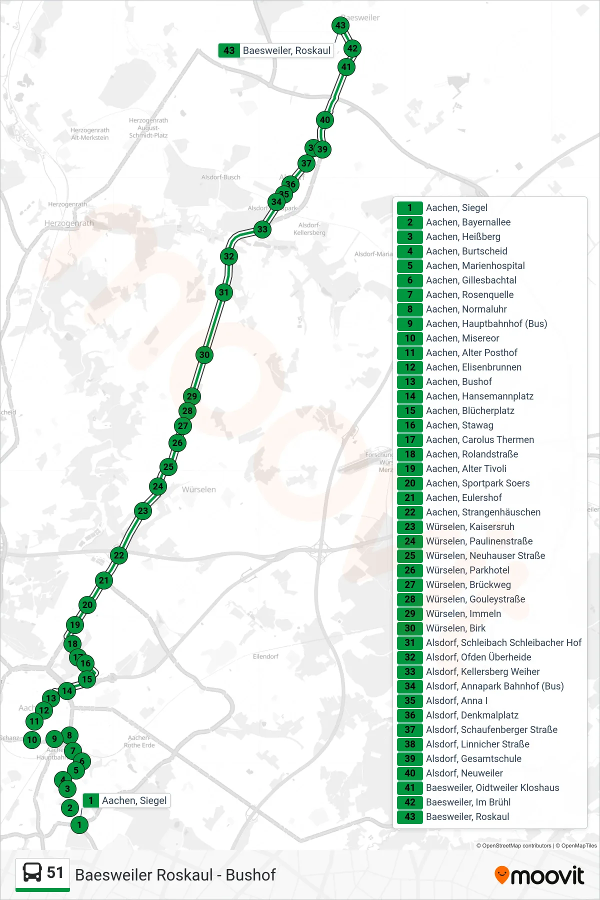 51 bus Line (Baesweiler Roskaul - Bushof) route and stops on a map