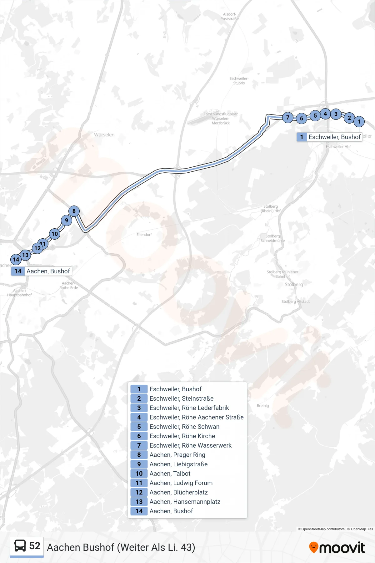Linie 52 (Bus) Richtung Aachen Bushof (Weiter Als Li. 43): Route und Haltestellen auf der Karte