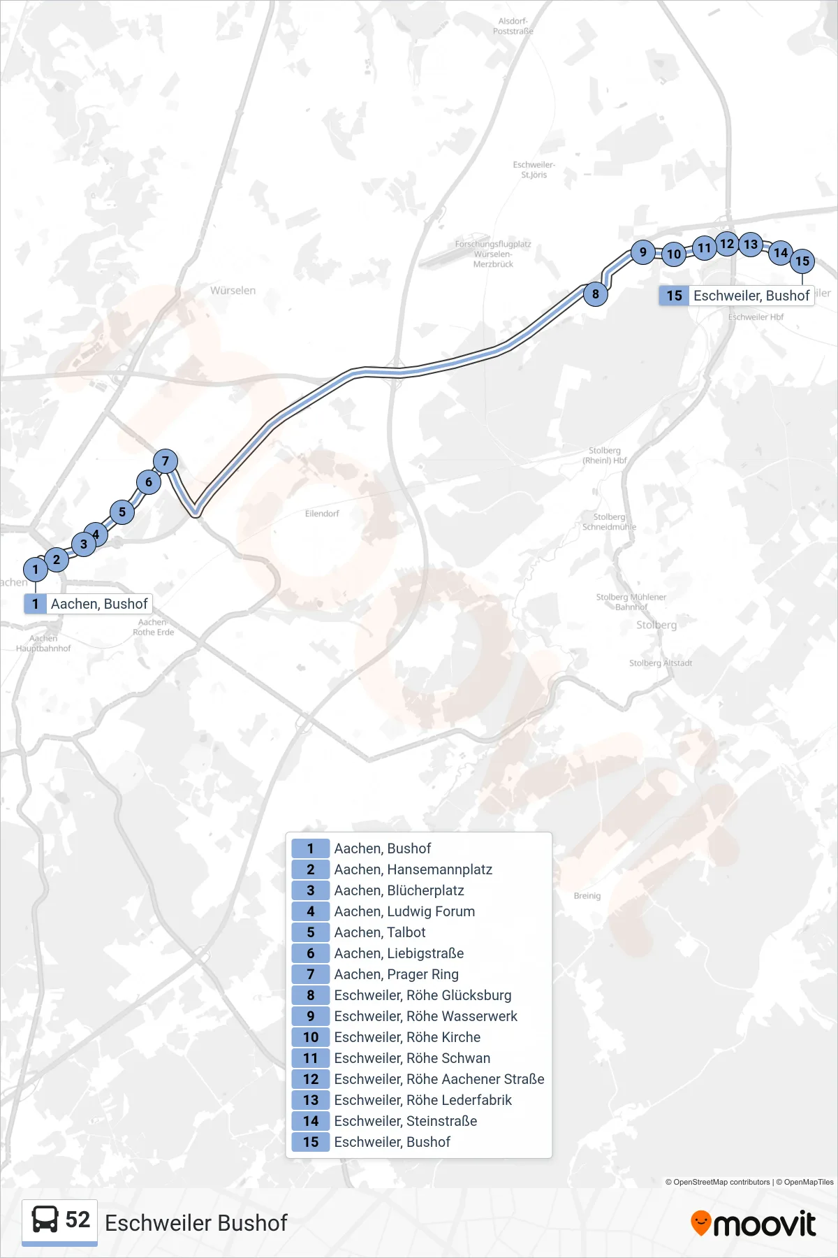 Linie 52 (Bus) Richtung Eschweiler Bushof: Route und Haltestellen auf der Karte