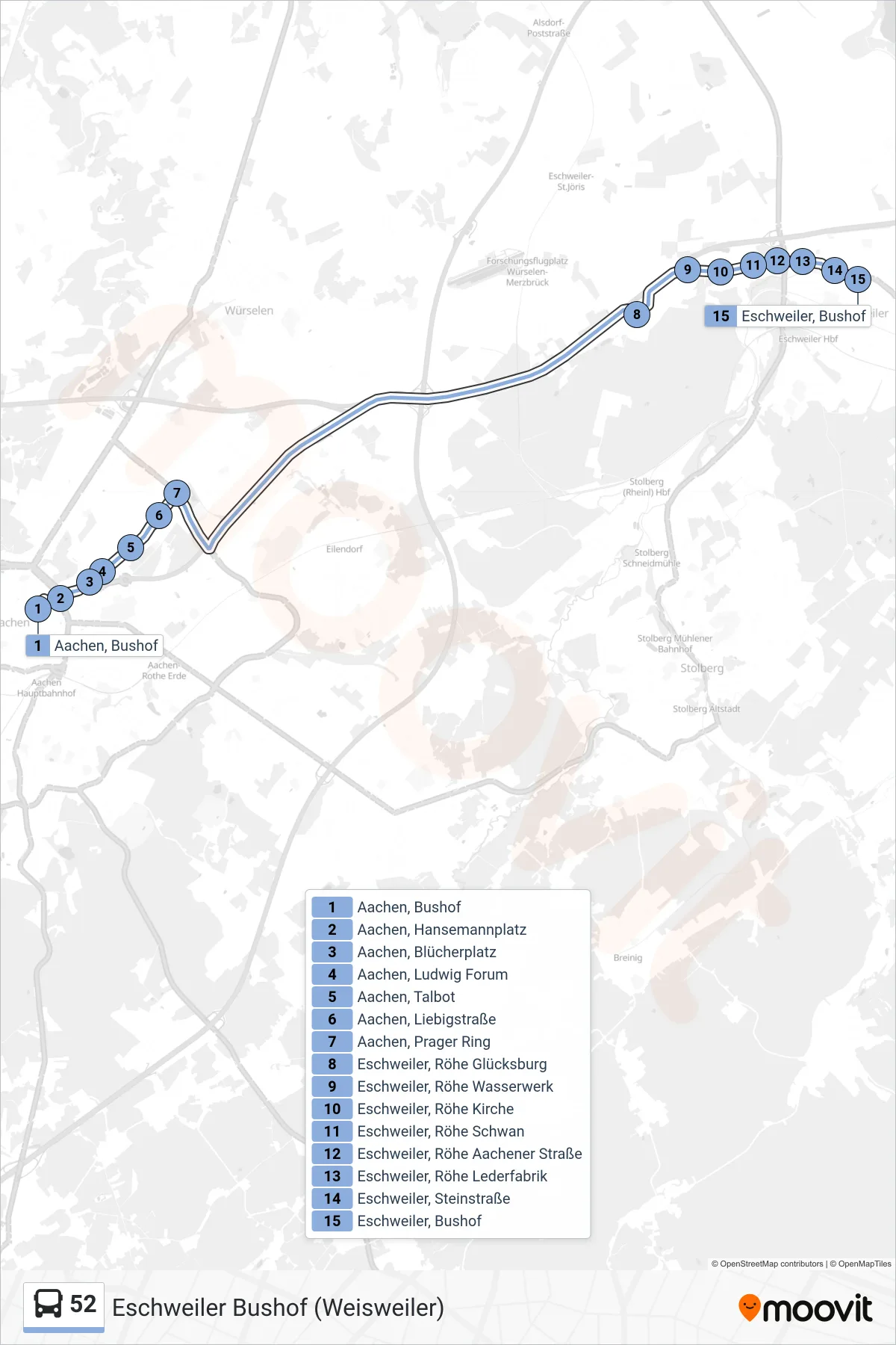 Linie 52 (Bus) Richtung Eschweiler Bushof (Weisweiler): Route und Haltestellen auf der Karte
