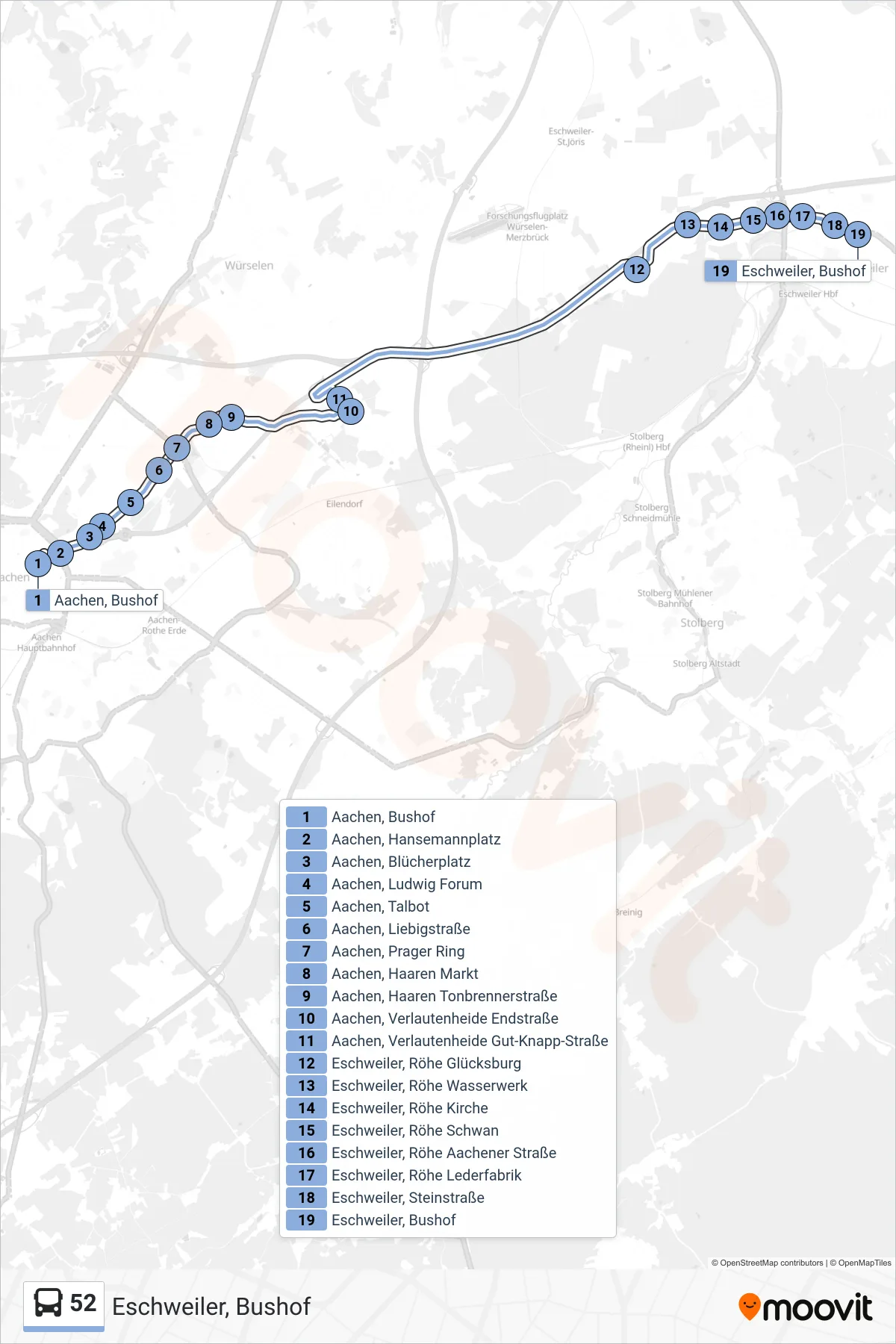 Linie 52 (Bus) Richtung Eschweiler, Bushof: Route und Haltestellen auf der Karte