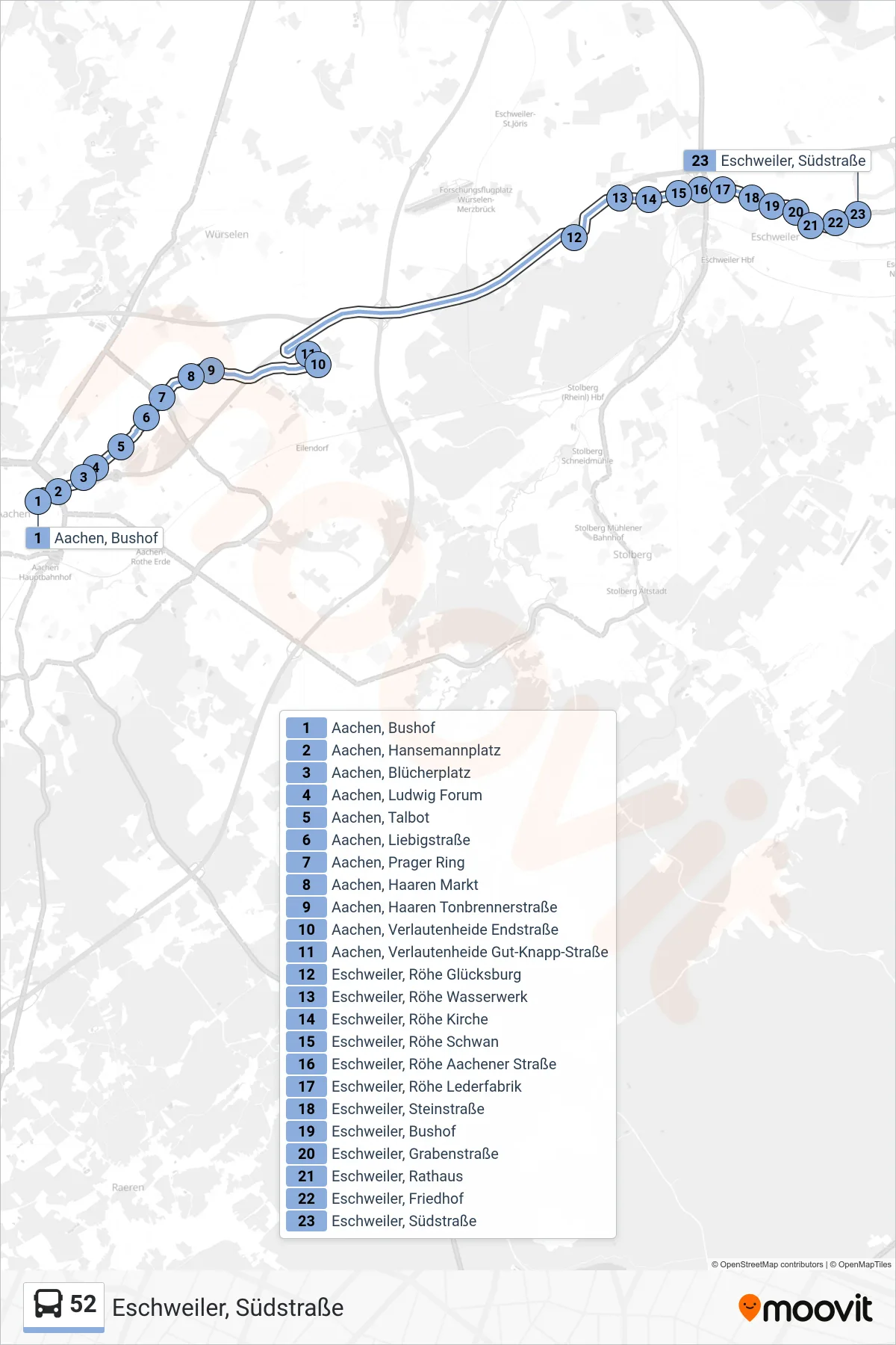 Linie 52 (Bus) Richtung Eschweiler, Südstraße: Route und Haltestellen auf der Karte