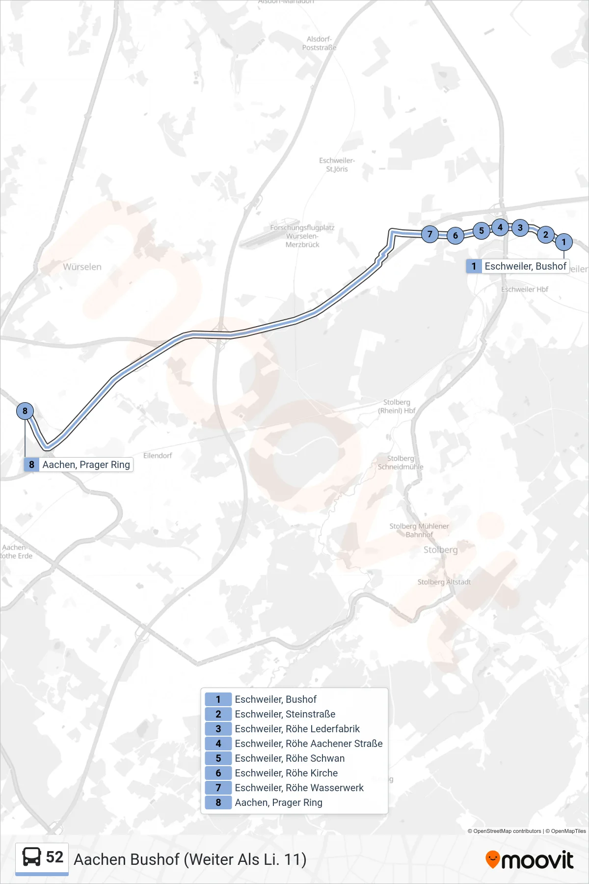 52 bus Line (Aachen Bushof (Weiter Als Li. 11)) route and stops on a map