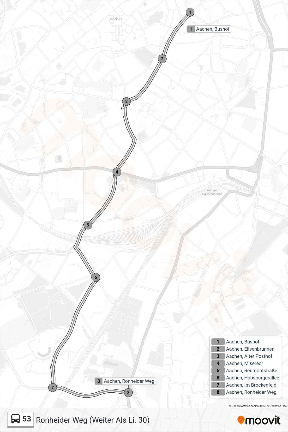 Linie 53 (Bus) Richtung Ronheider Weg (Weiter Als Li. 30): Route und Haltestellen auf der Karte