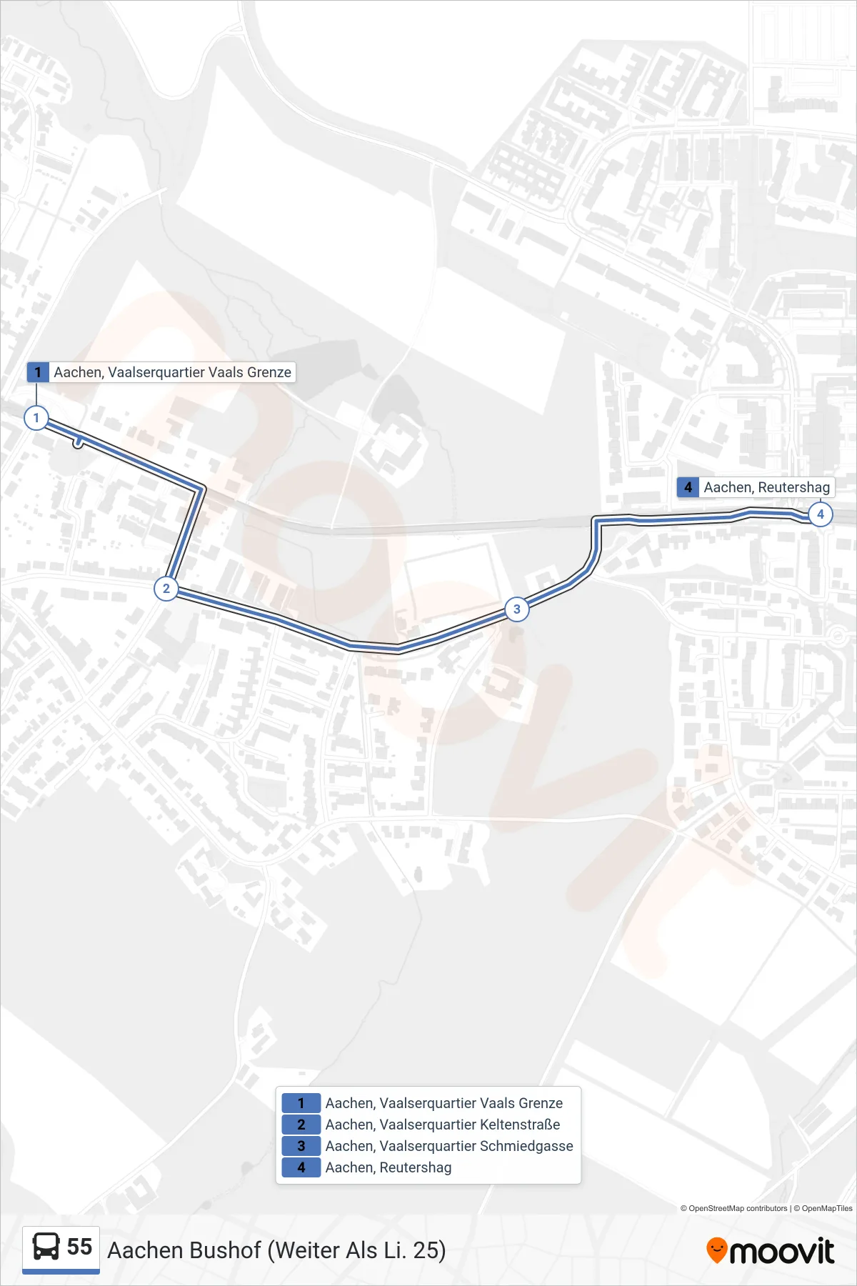 Linie 55 (Bus) Richtung Aachen Bushof (Weiter Als Li. 25): Route und Haltestellen auf der Karte
