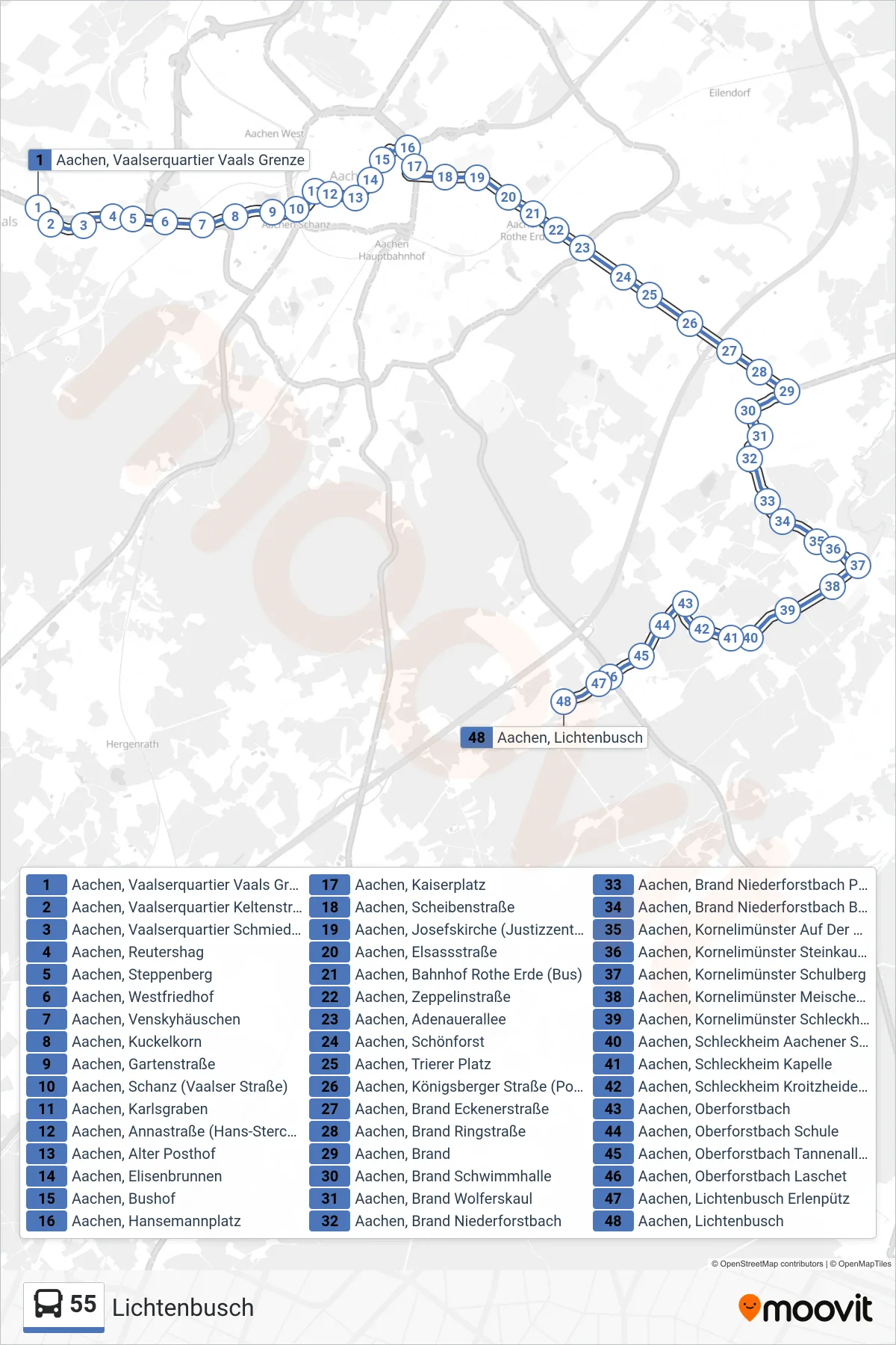 55 bus Line (Lichtenbusch) route and stops on a map