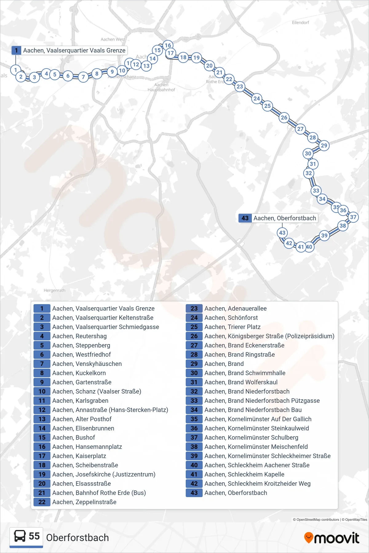 Linie 55 (Bus) Richtung Oberforstbach: Route und Haltestellen auf der Karte
