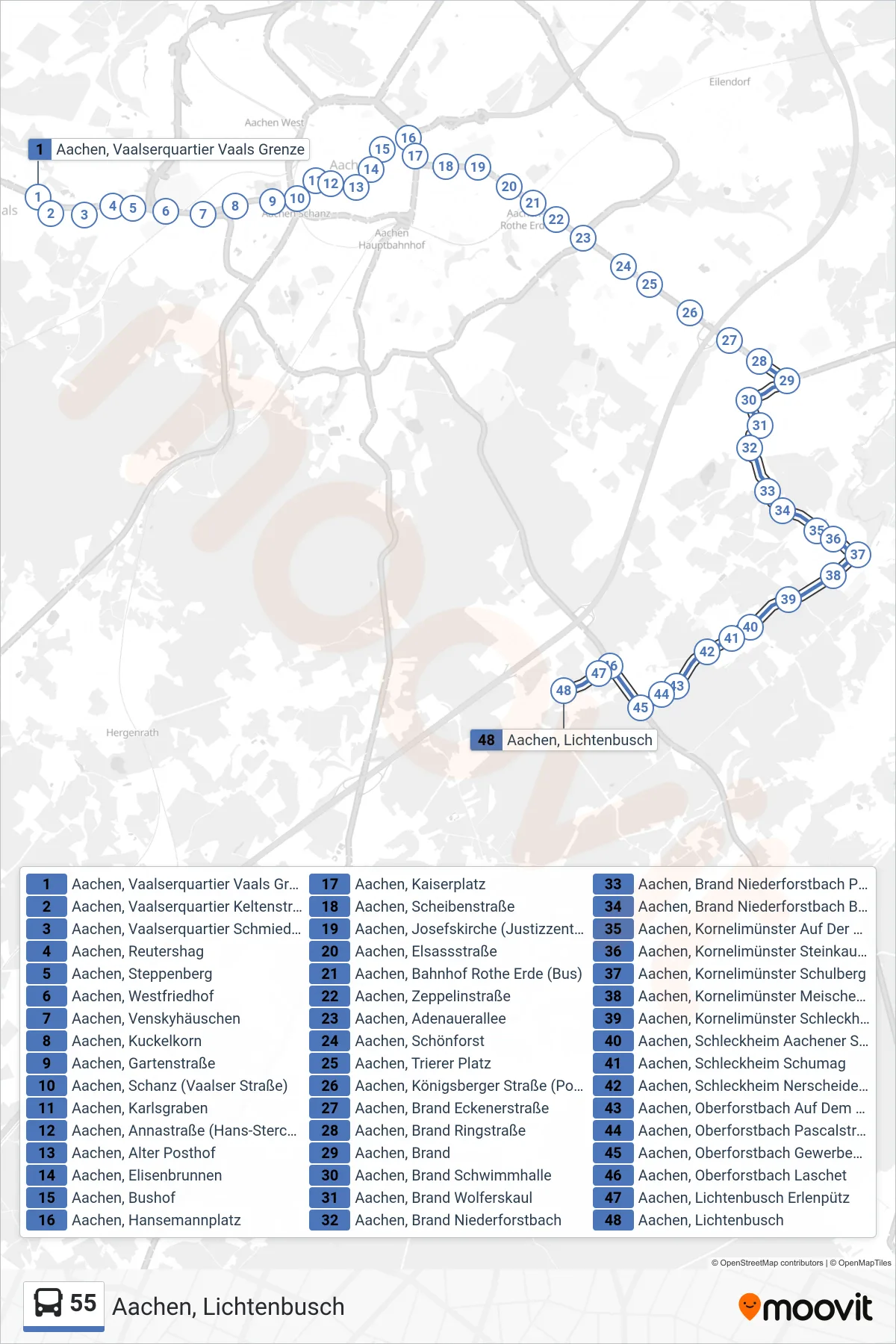 Linie 55 (Bus) Richtung Aachen, Lichtenbusch: Route und Haltestellen auf der Karte