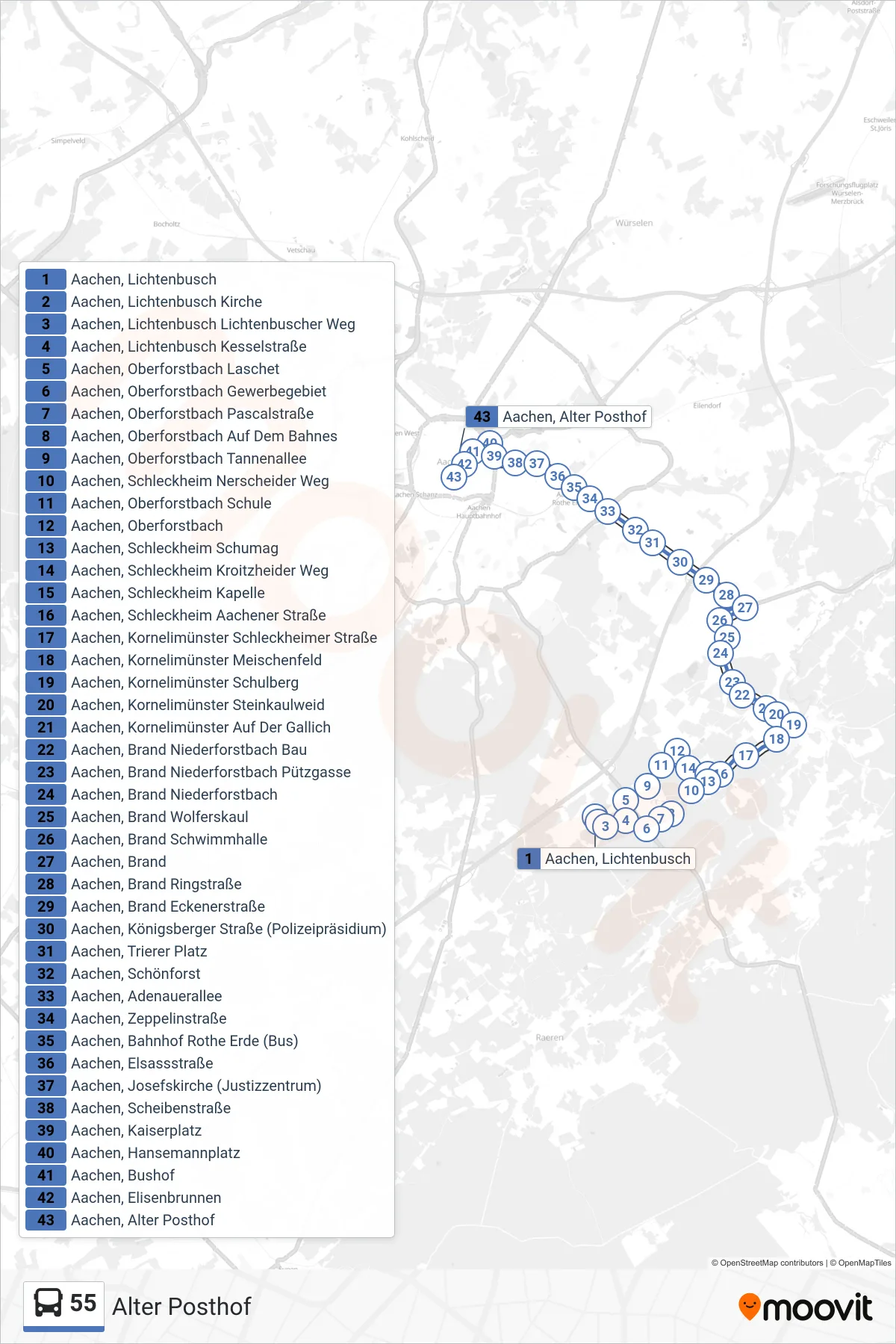55 bus Line (Alter Posthof) route and stops on a map