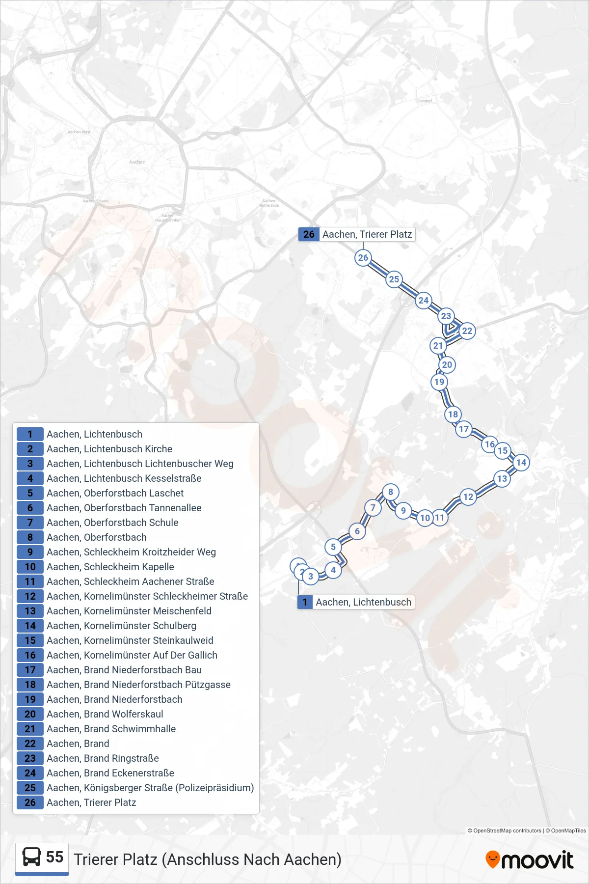 Linie 55 (Bus) Richtung Trierer Platz (Anschluss Nach Aachen): Route und Haltestellen auf der Karte