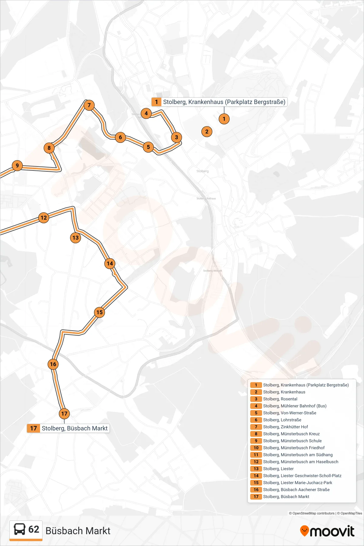 Linie 62 (Bus) Richtung Büsbach Markt: Route und Haltestellen auf der Karte