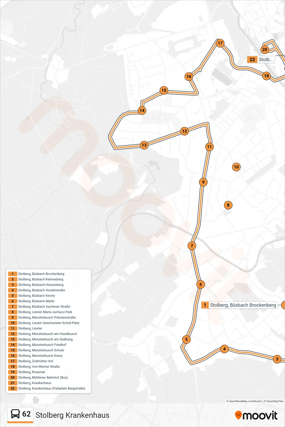 62 bus Line (Stolberg Krankenhaus) route and stops on a map