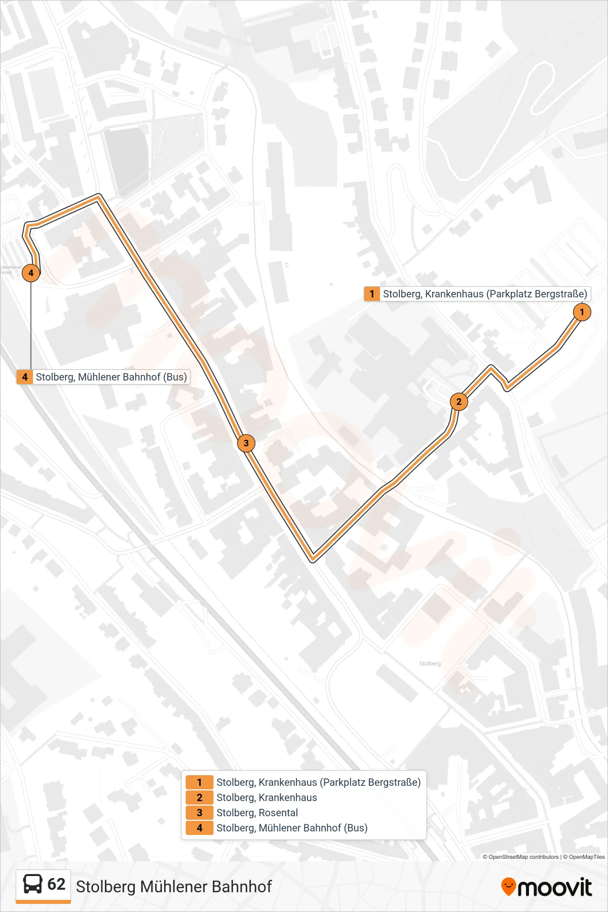 Linie 62 (Bus) Richtung Stolberg Mühlener Bahnhof: Route und Haltestellen auf der Karte