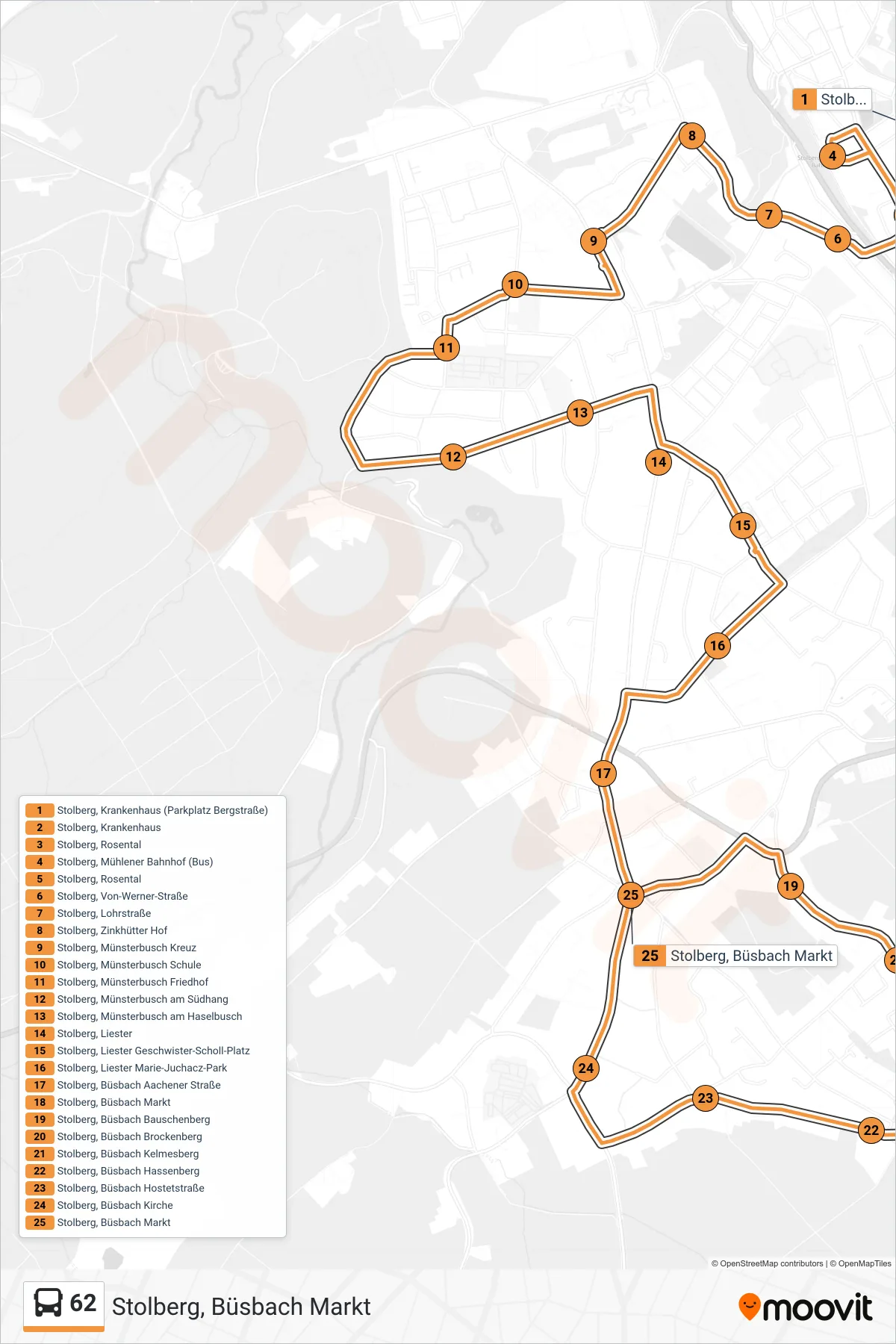 Linie 62 (Bus) Richtung Stolberg, Büsbach Markt: Route und Haltestellen auf der Karte