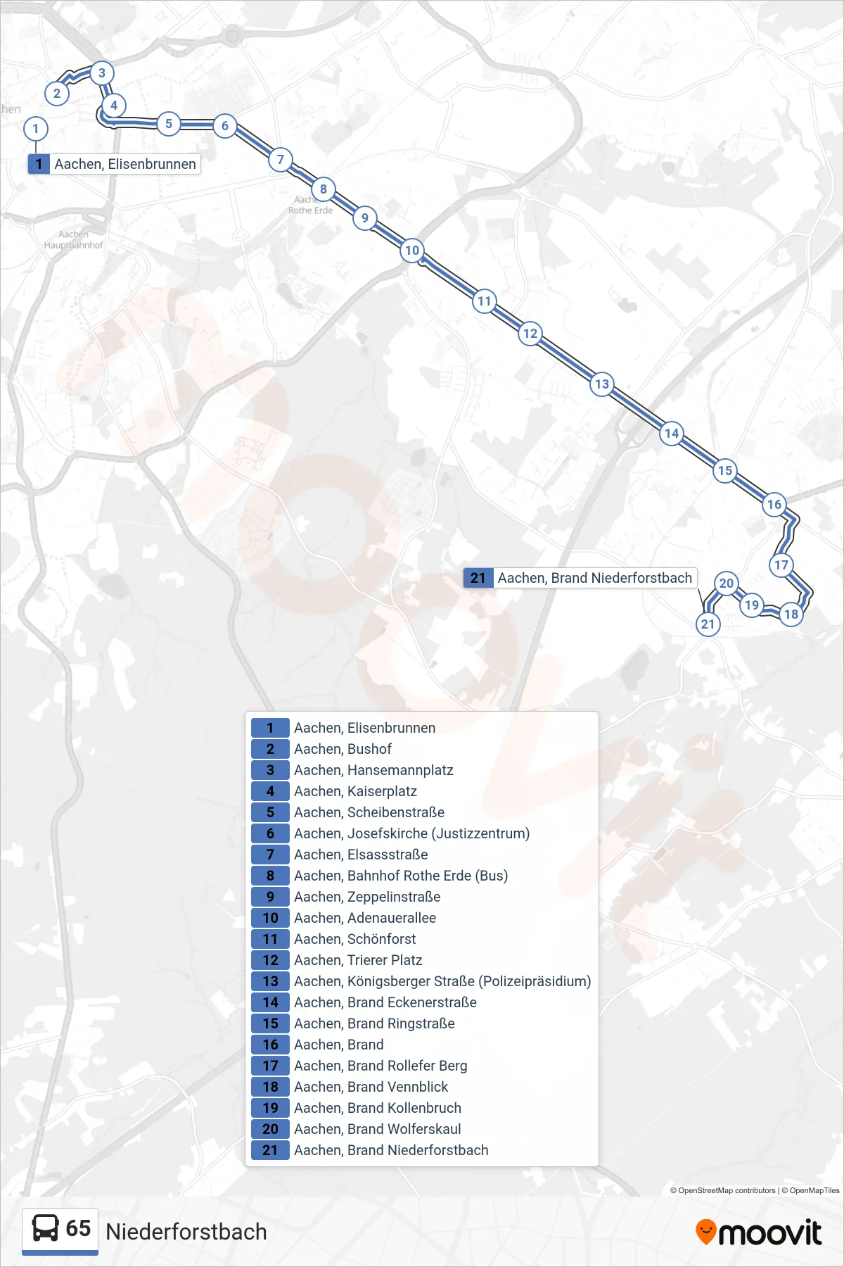 Linie 65 (Bus) Richtung Niederforstbach: Route und Haltestellen auf der Karte