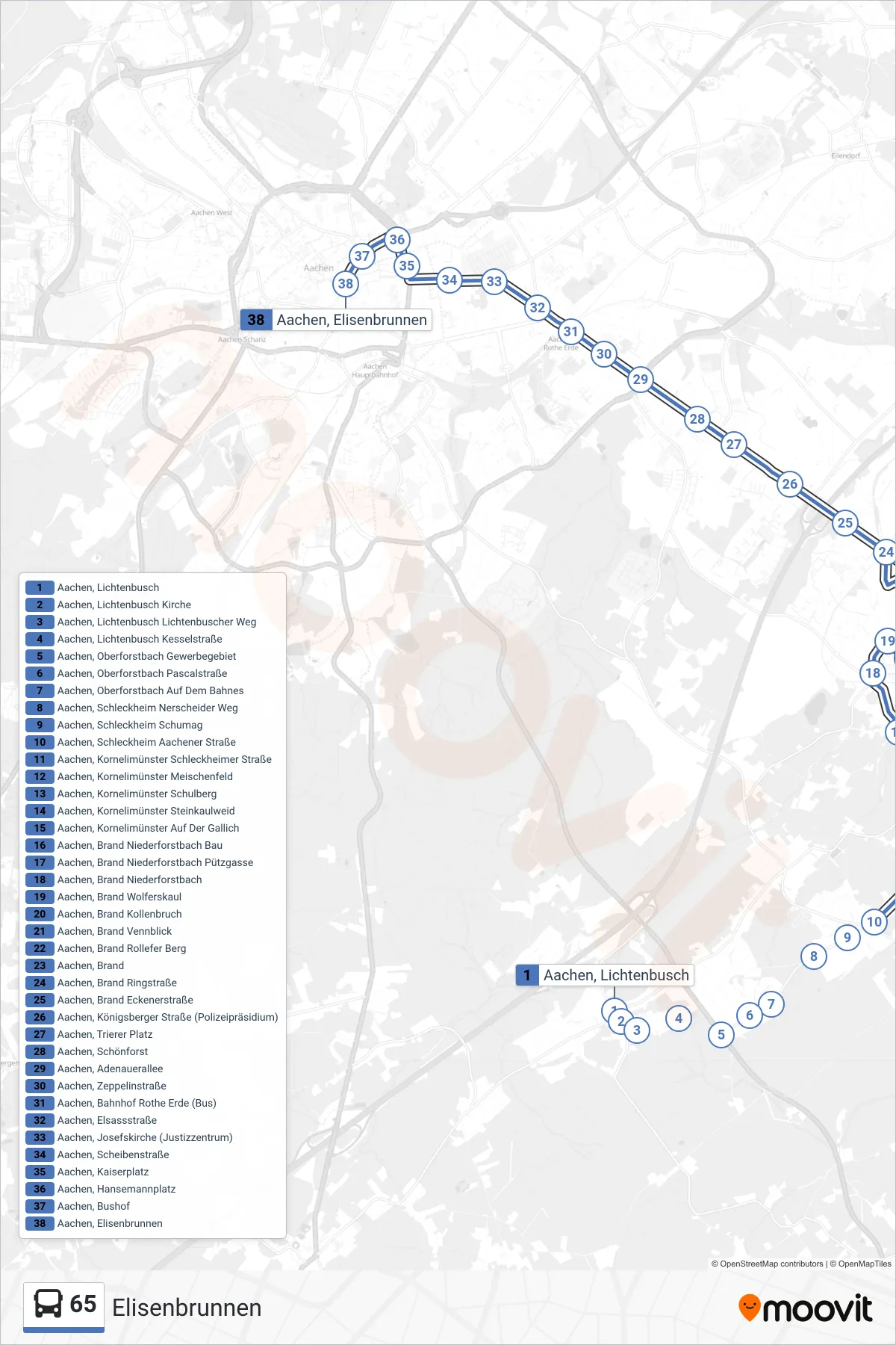 65 bus Line (Elisenbrunnen) route and stops on a map