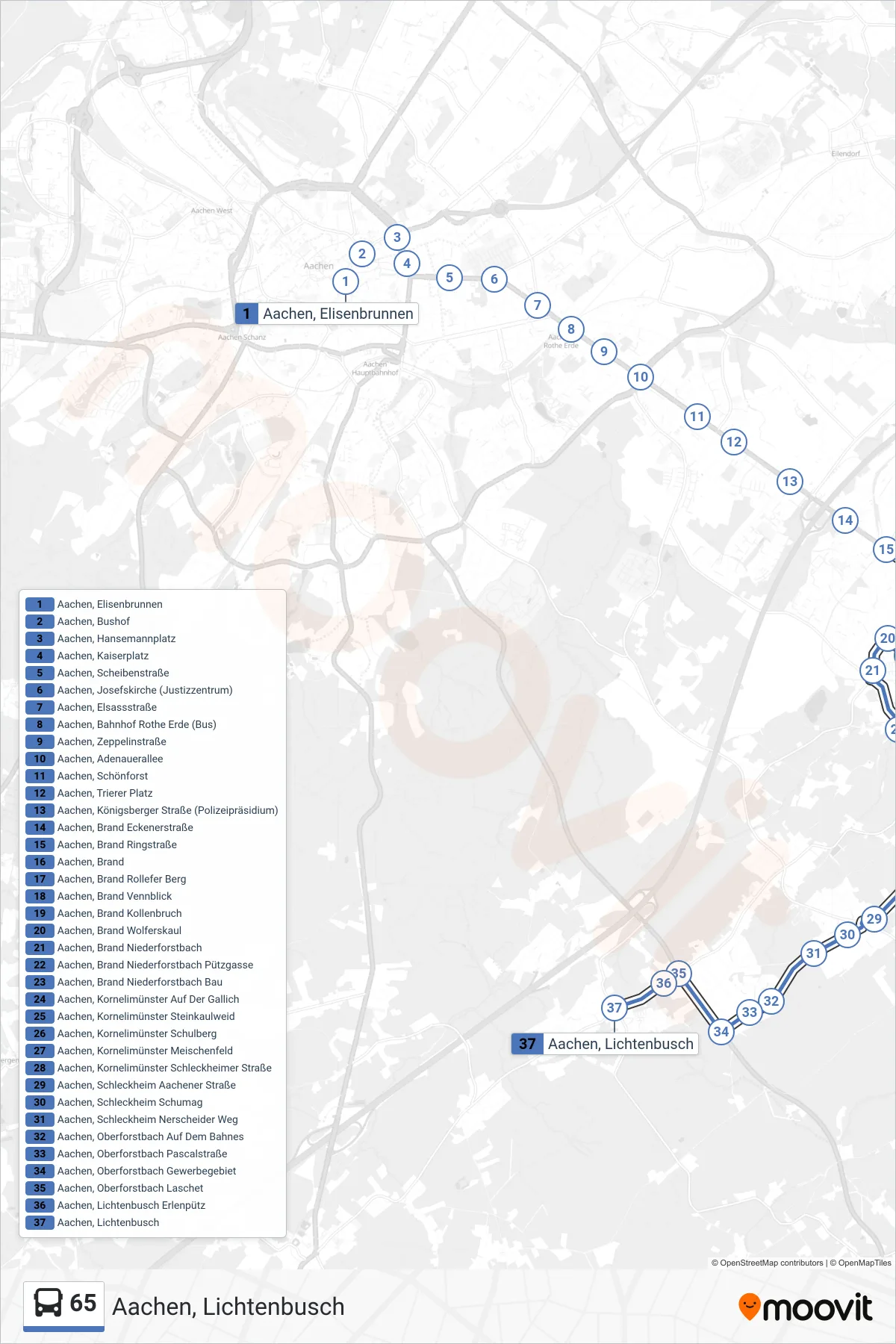 Linie 65 (Bus) Richtung Aachen, Lichtenbusch: Route und Haltestellen auf der Karte