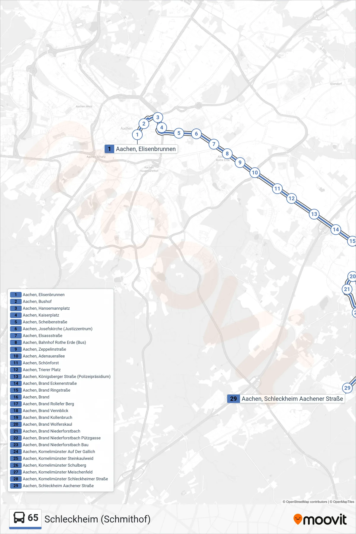 Linie 65 (Bus) Richtung Schleckheim (Schmithof): Route und Haltestellen auf der Karte