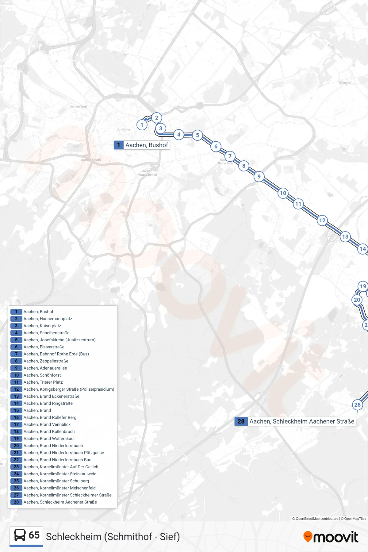 Linie 65 (Bus) Richtung Schleckheim (Schmithof - Sief): Route und Haltestellen auf der Karte