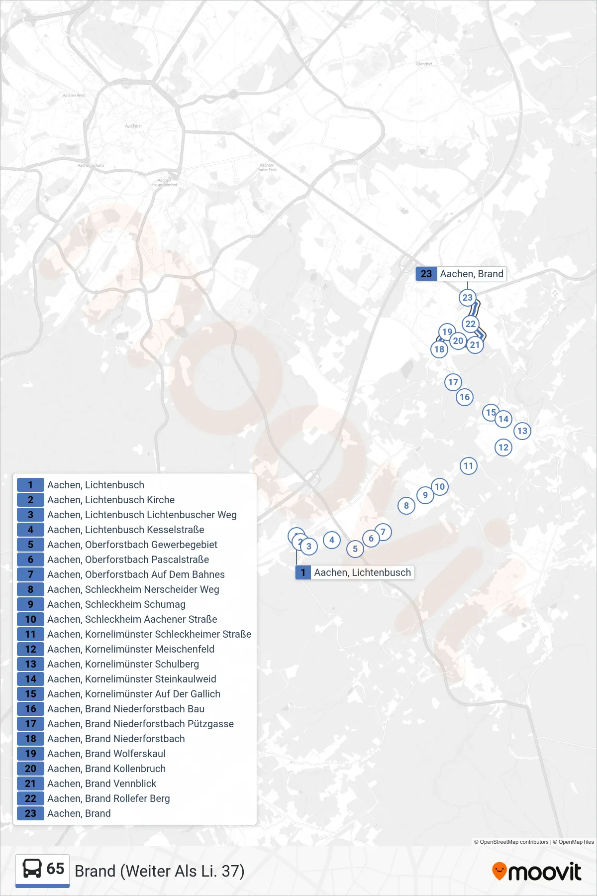 65 bus Line (Brand (Weiter Als Li. 37)) route and stops on a map