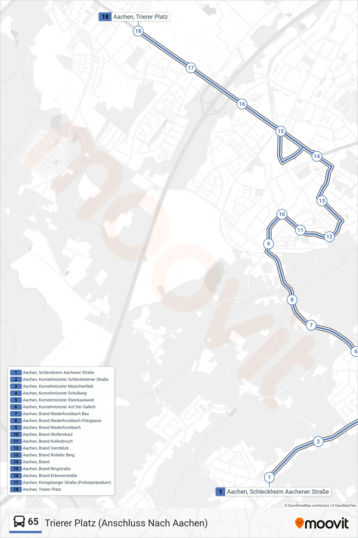 Linie 65 (Bus) Richtung Trierer Platz (Anschluss Nach Aachen): Route und Haltestellen auf der Karte