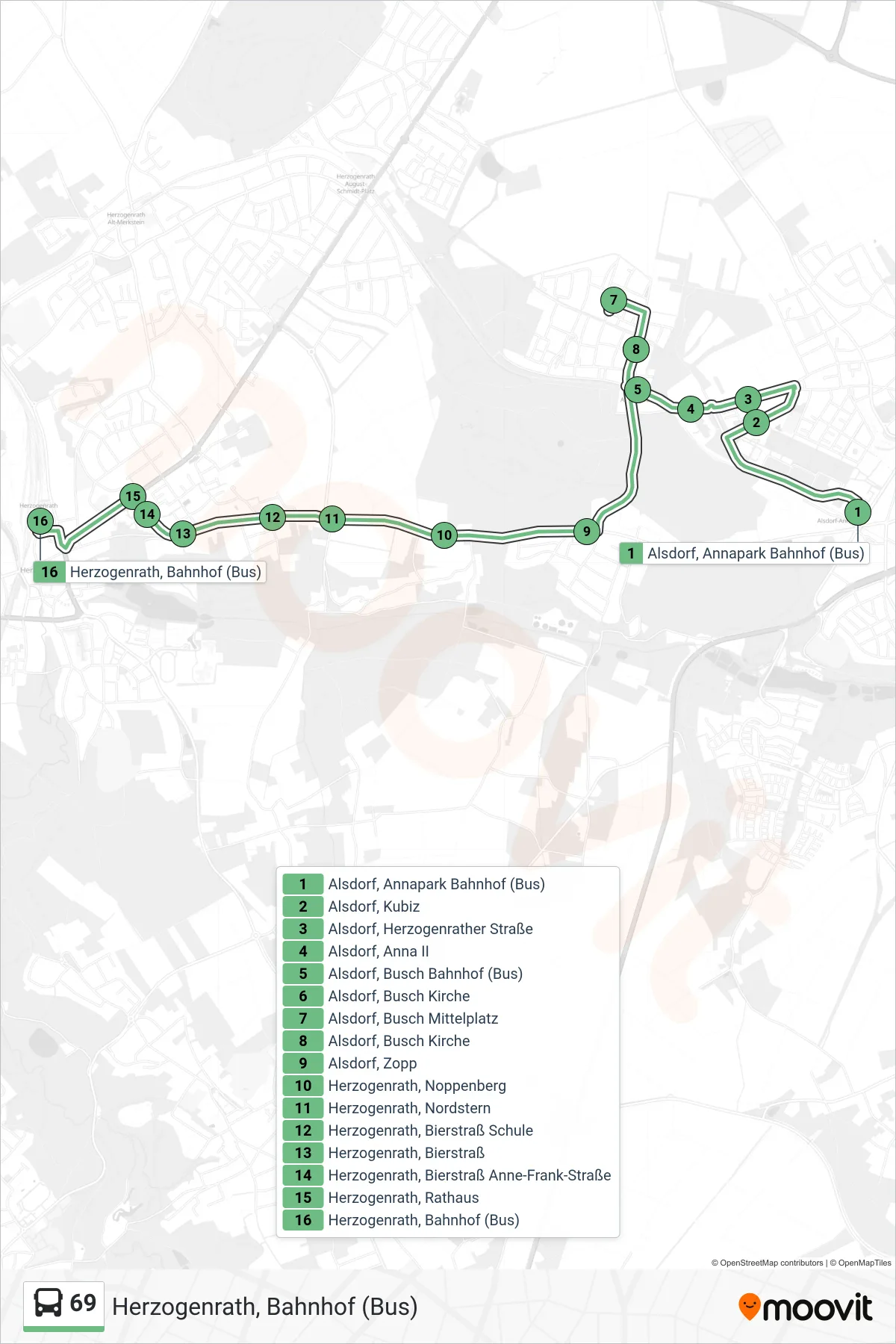 Linie 69 (Bus) Richtung Herzogenrath, Bahnhof (Bus): Route und Haltestellen auf der Karte