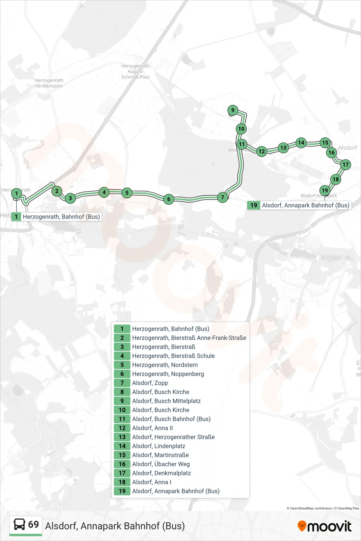 Linie 69 (Bus) Richtung Alsdorf, Annapark Bahnhof (Bus): Route und Haltestellen auf der Karte
