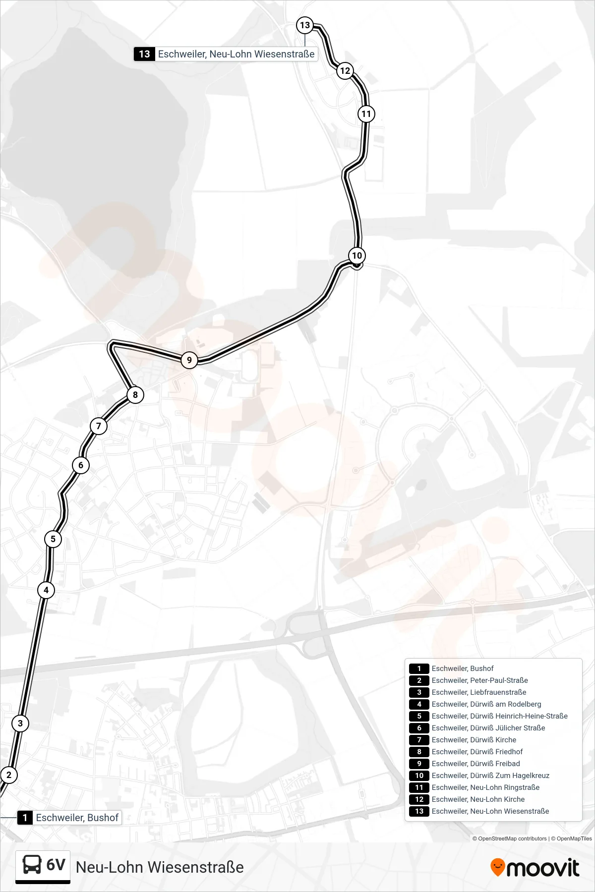 6V bus Line (Neu-Lohn Wiesenstraße) route and stops on a map