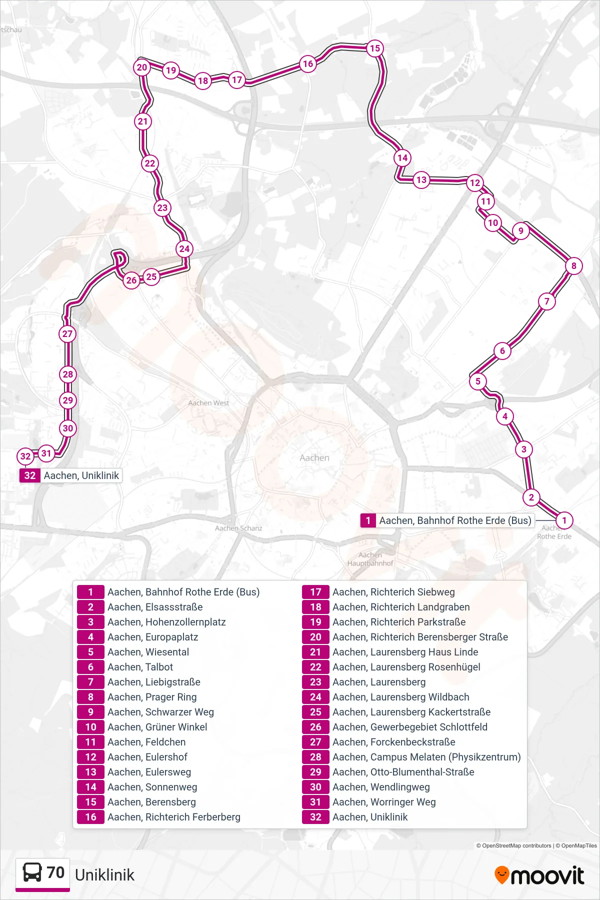 Linie 70 (Bus) Richtung Uniklinik: Route und Haltestellen auf der Karte
