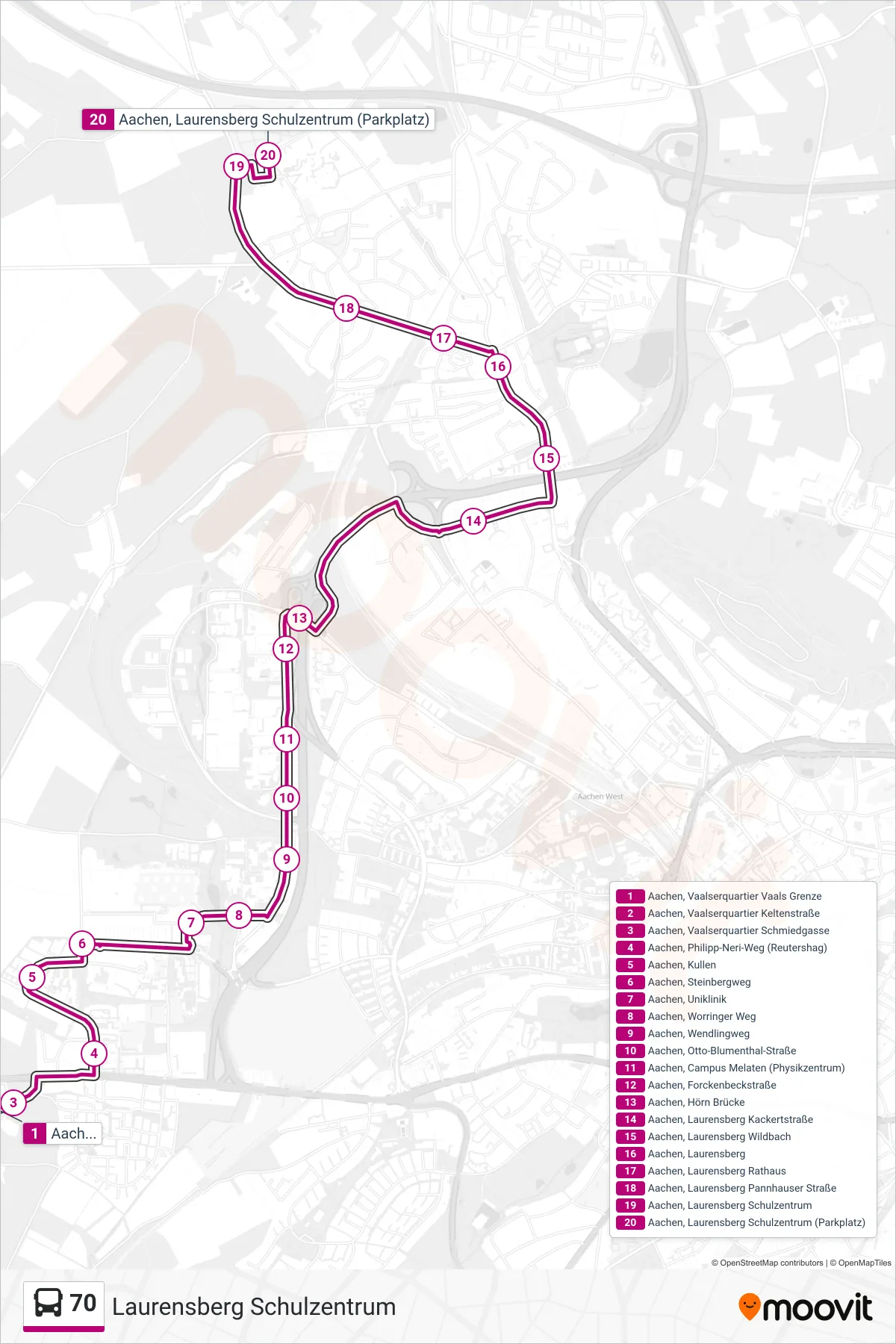Linie 70 (Bus) Richtung Laurensberg Schulzentrum: Route und Haltestellen auf der Karte