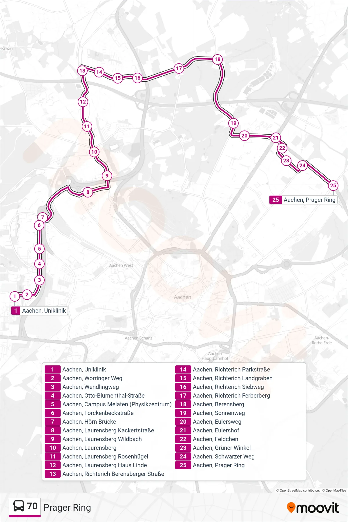 70 bus Line (Prager Ring) route and stops on a map