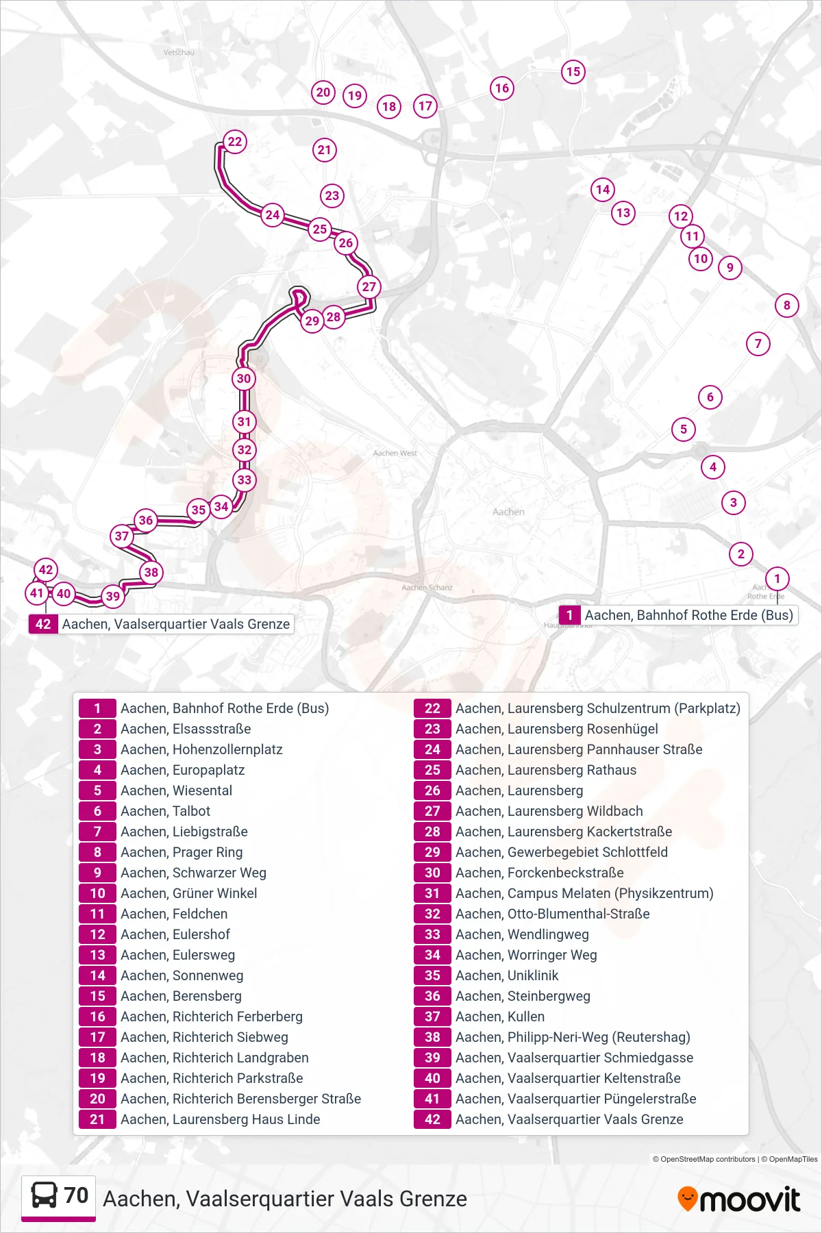 Linie 70 (Bus) Richtung Aachen, Vaalserquartier Vaals Grenze: Route und Haltestellen auf der Karte
