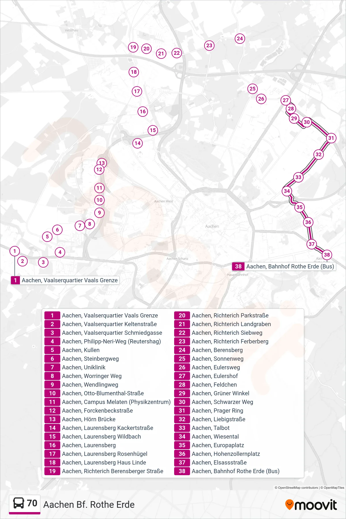Linie 70 (Bus) Richtung Aachen Bf. Rothe Erde: Route und Haltestellen auf der Karte