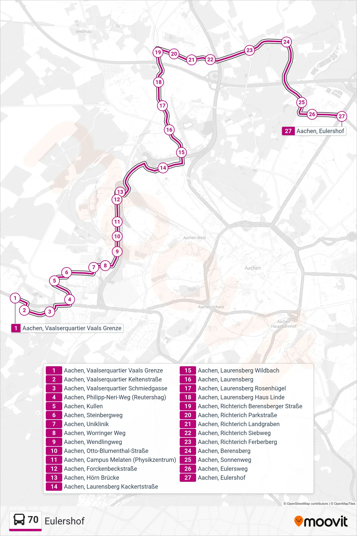 Linie 70 (Bus) Richtung Eulershof: Route und Haltestellen auf der Karte