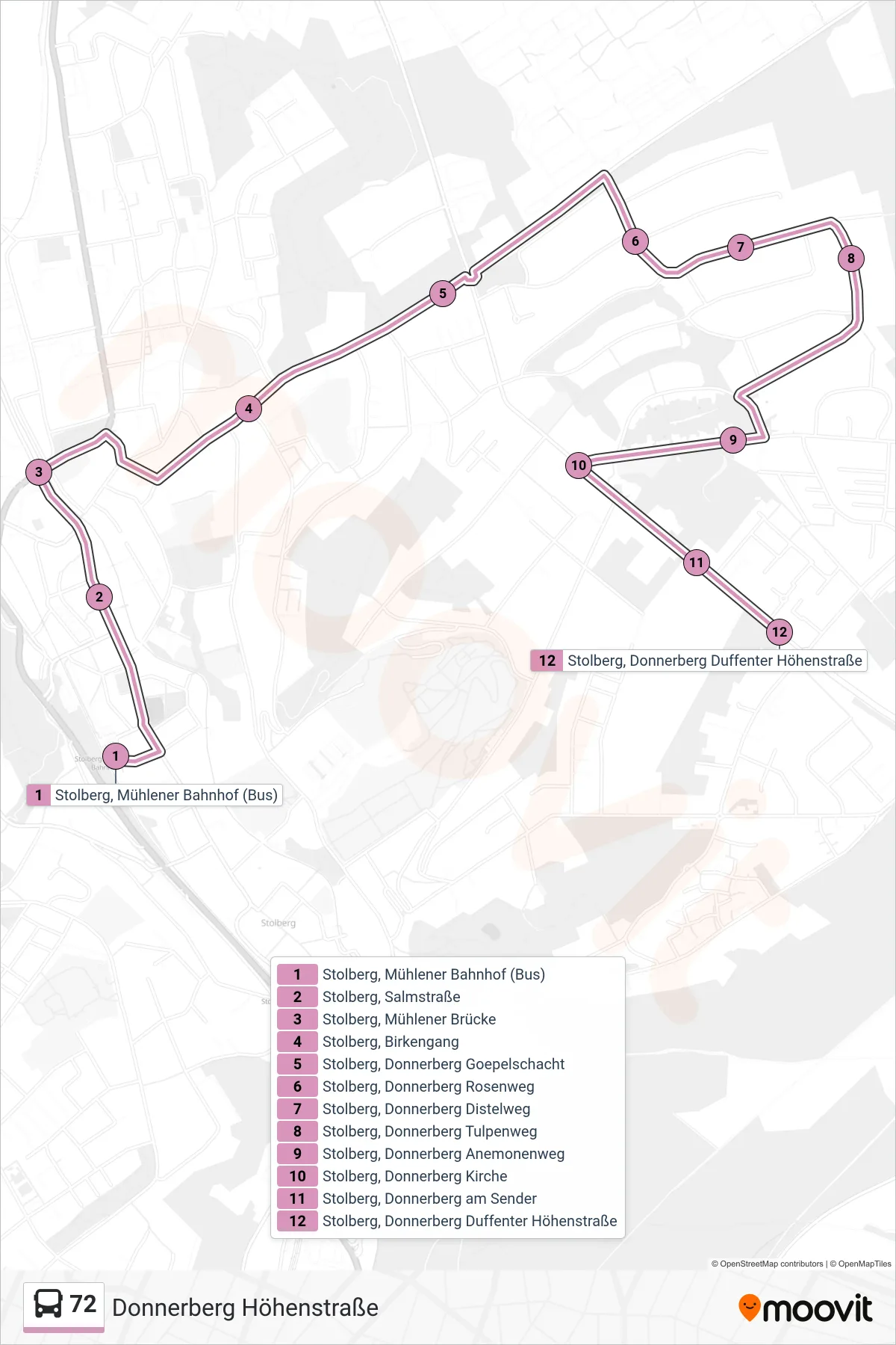 Linie 72 (Bus) Richtung Donnerberg Höhenstraße: Route und Haltestellen auf der Karte