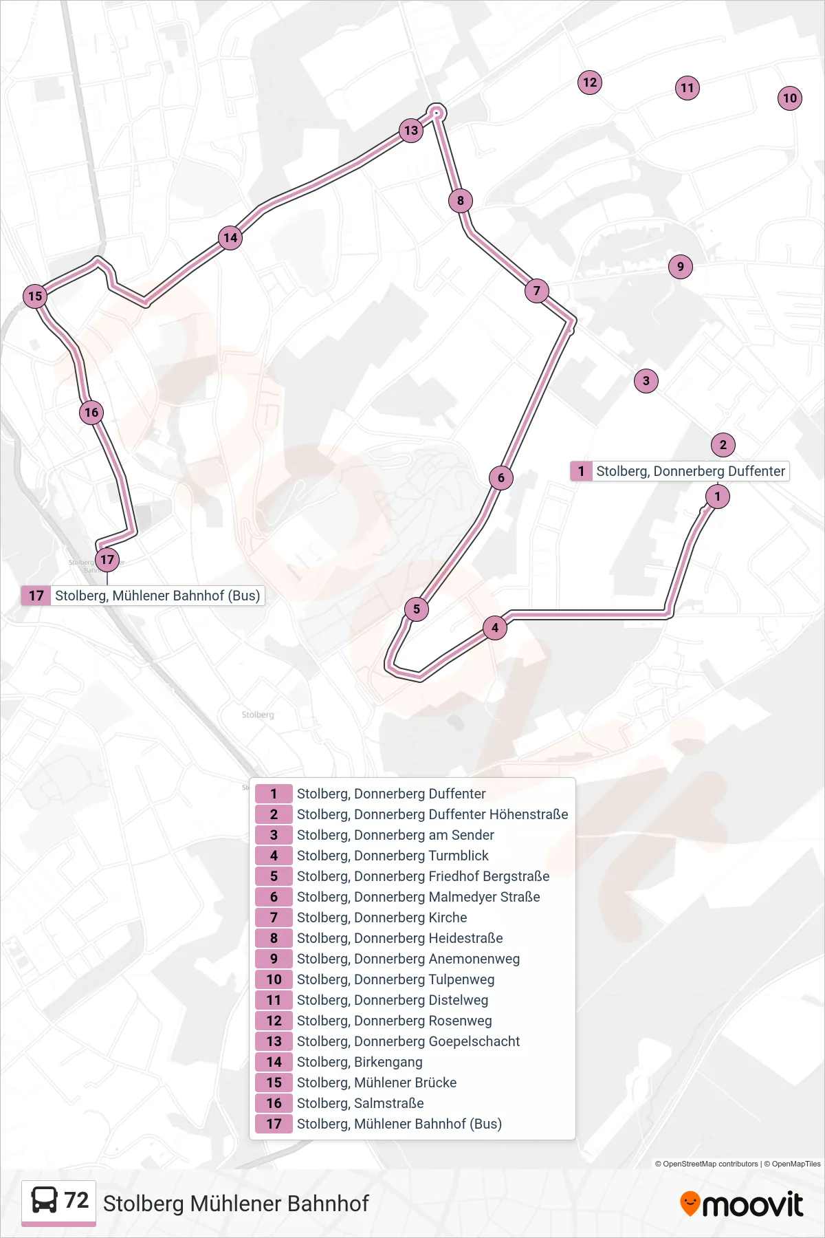 Linie 72 (Bus) Richtung Stolberg Mühlener Bahnhof: Route und Haltestellen auf der Karte