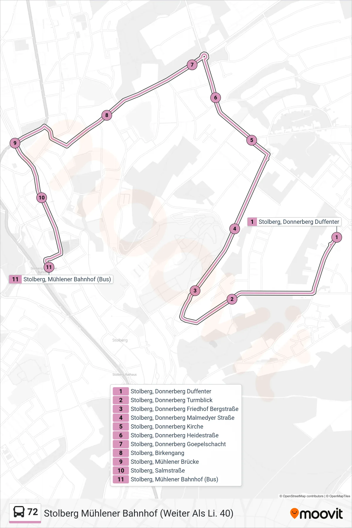 Linie 72 (Bus) Richtung Stolberg Mühlener Bahnhof (Weiter Als Li. 40): Route und Haltestellen auf der Karte