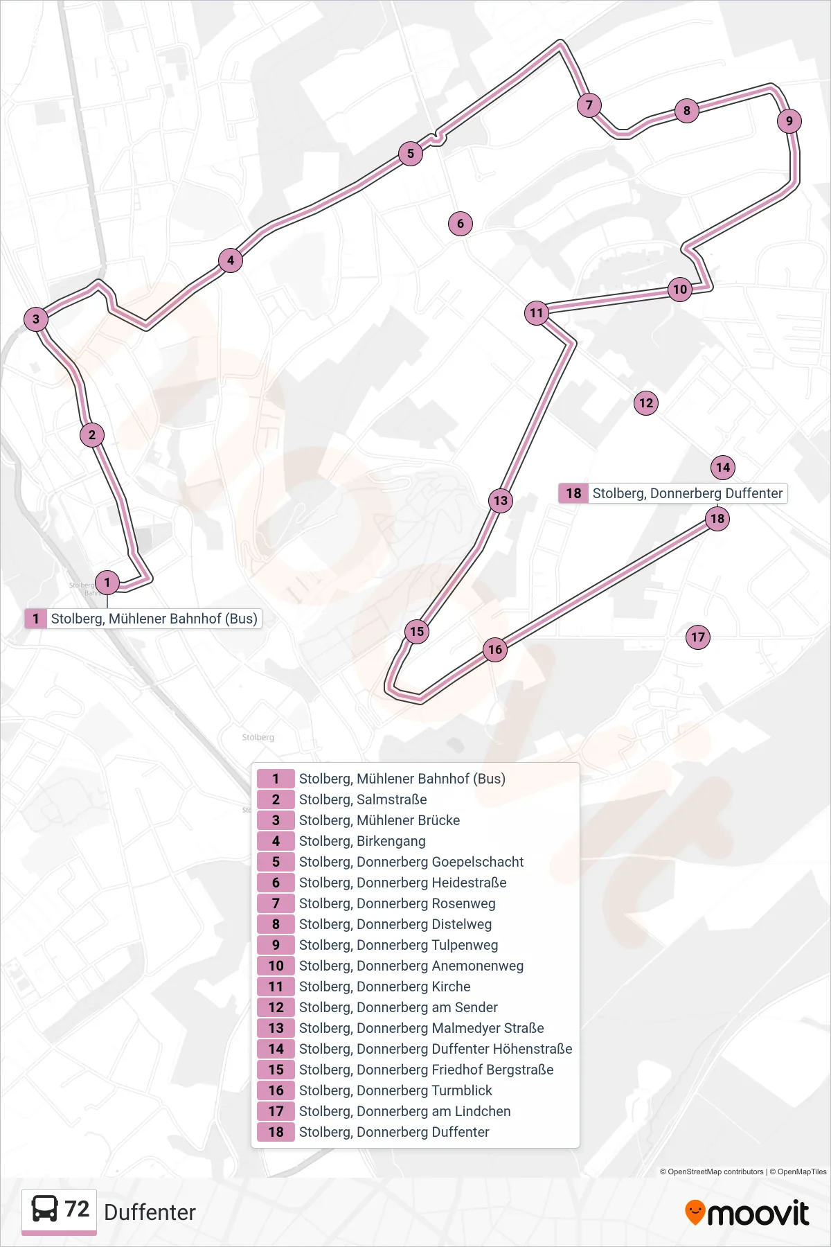 Linie 72 (Bus) Richtung Duffenter: Route und Haltestellen auf der Karte