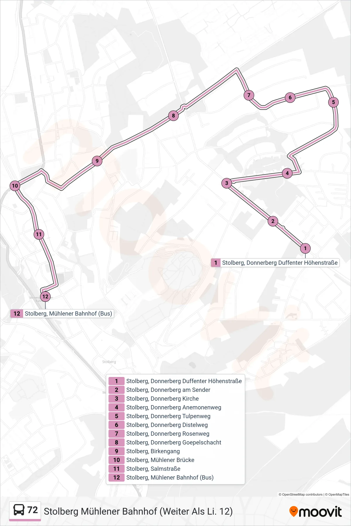 Linie 72 (Bus) Richtung Stolberg Mühlener Bahnhof (Weiter Als Li. 12): Route und Haltestellen auf der Karte