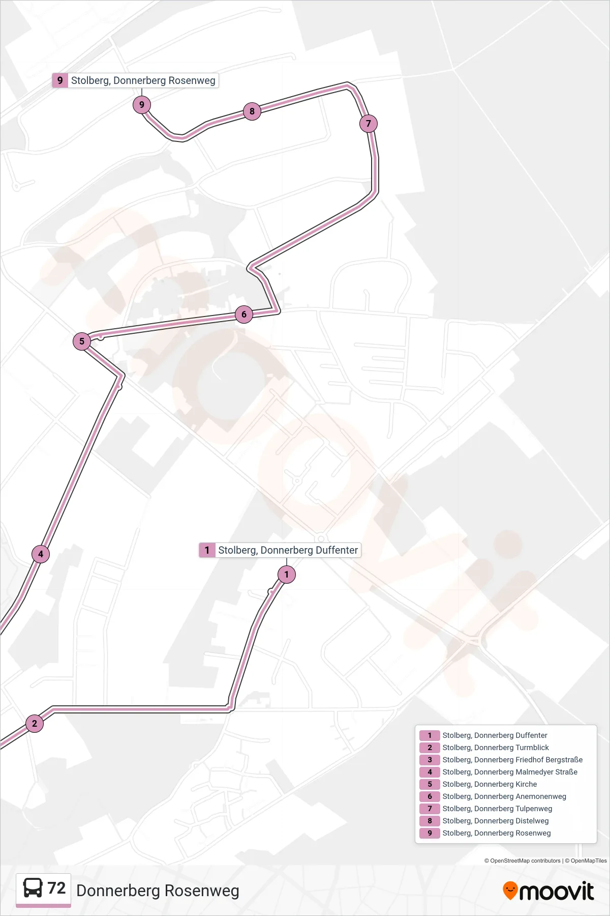Linie 72 (Bus) Richtung Donnerberg Rosenweg: Route und Haltestellen auf der Karte