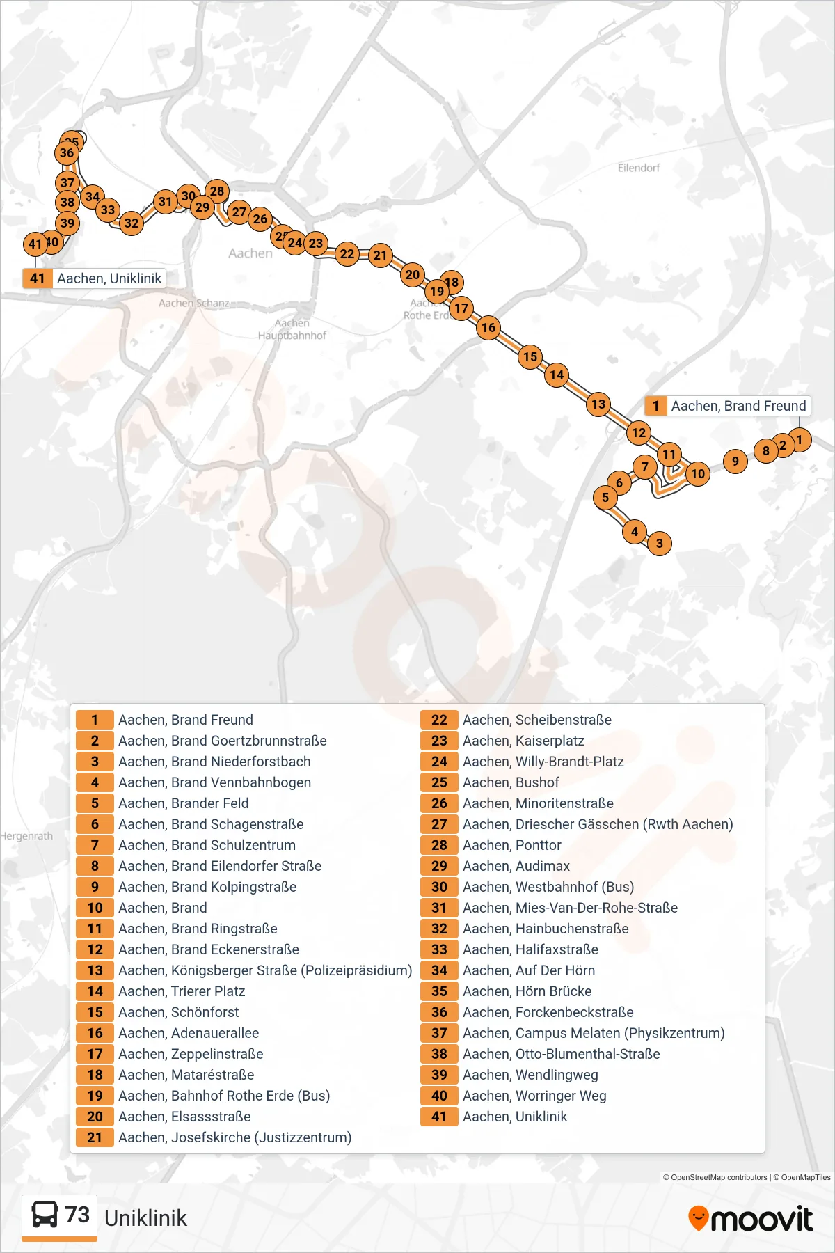 Linie 73 (Bus) Richtung Uniklinik: Route und Haltestellen auf der Karte